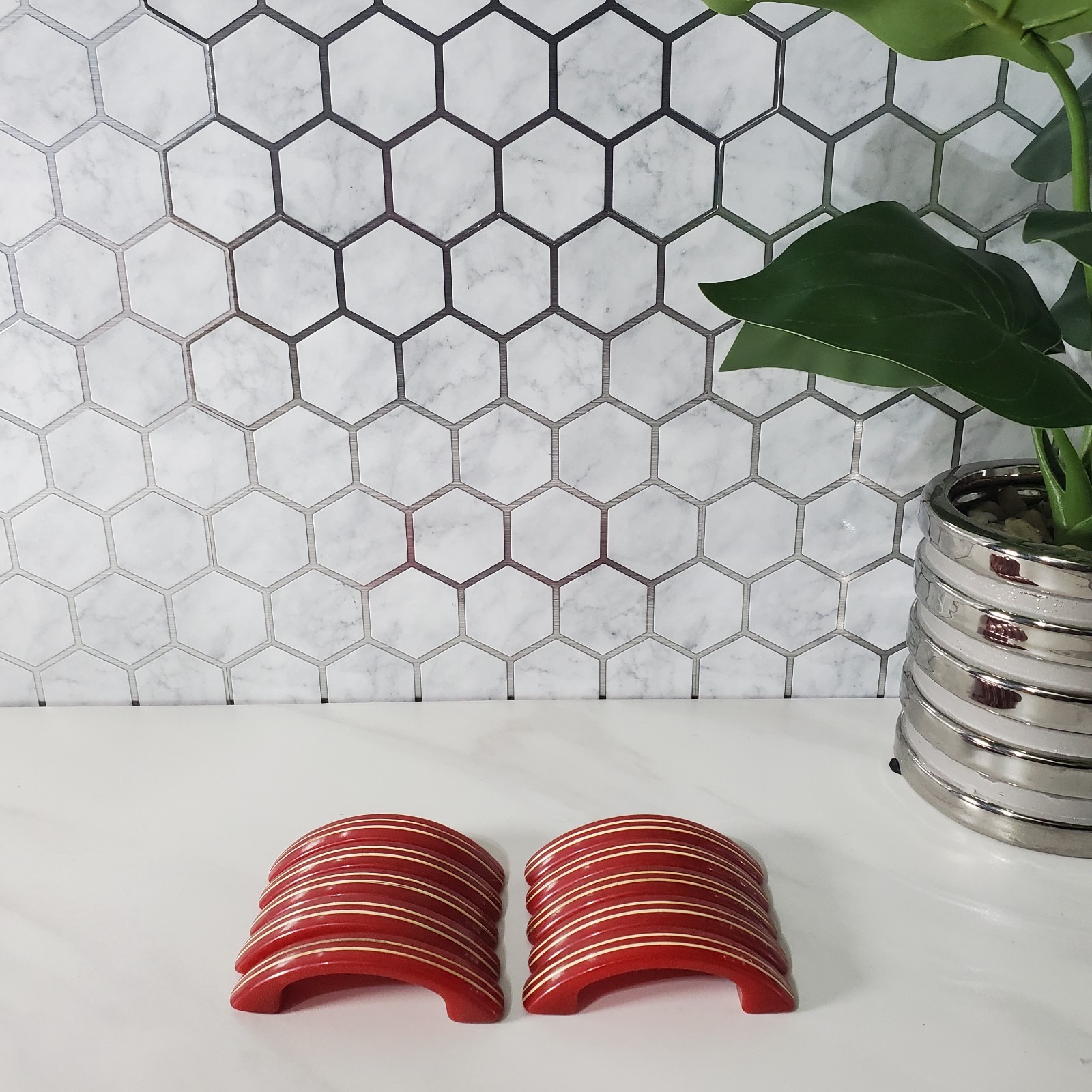 Bakelite Cherry Red White Stripe Art Deco Drawer Pull Cabinet Handle Set of 10