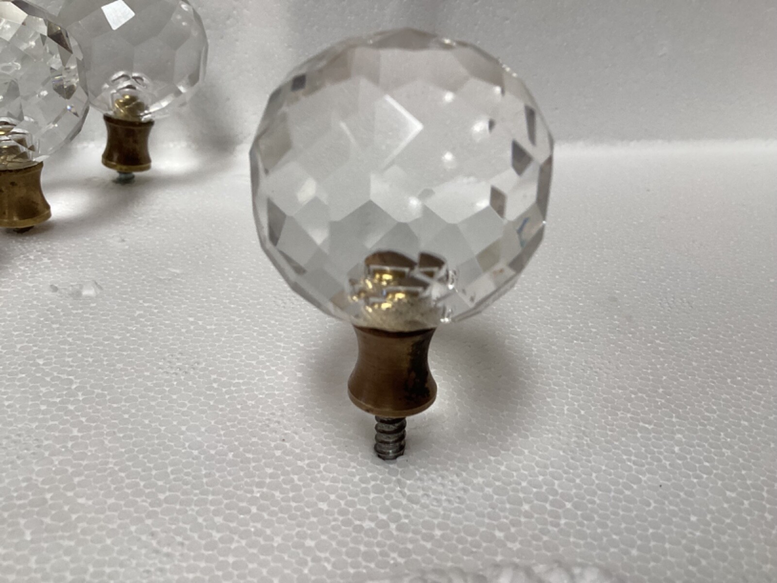 10 Vintage Acrylic Drawer Knobs Clear Faceted 1 3/8″ With Brass Seal and Screws