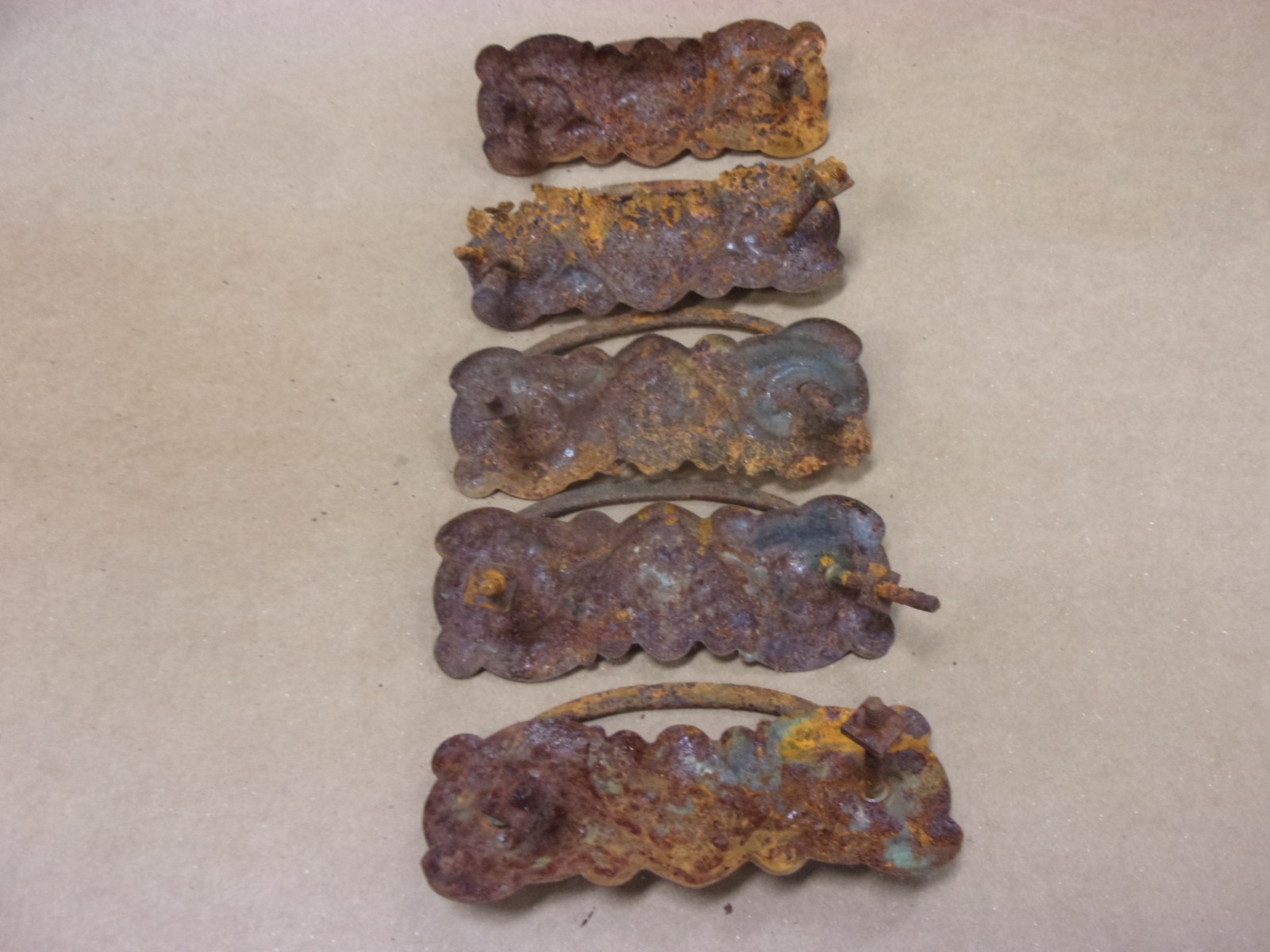 Vtg 5 1920’s Stamped Steel Drawer Wardrobe Vanity Dresser Desk Pulls Handles Old