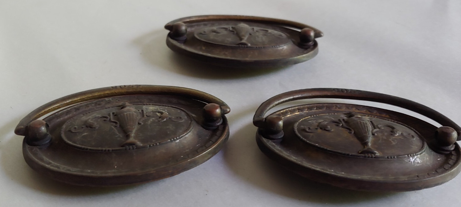 3 VTG/Antique Brass Drop Drawer Pull Oval Backplate Iron Drop Embossed Urn 1920s