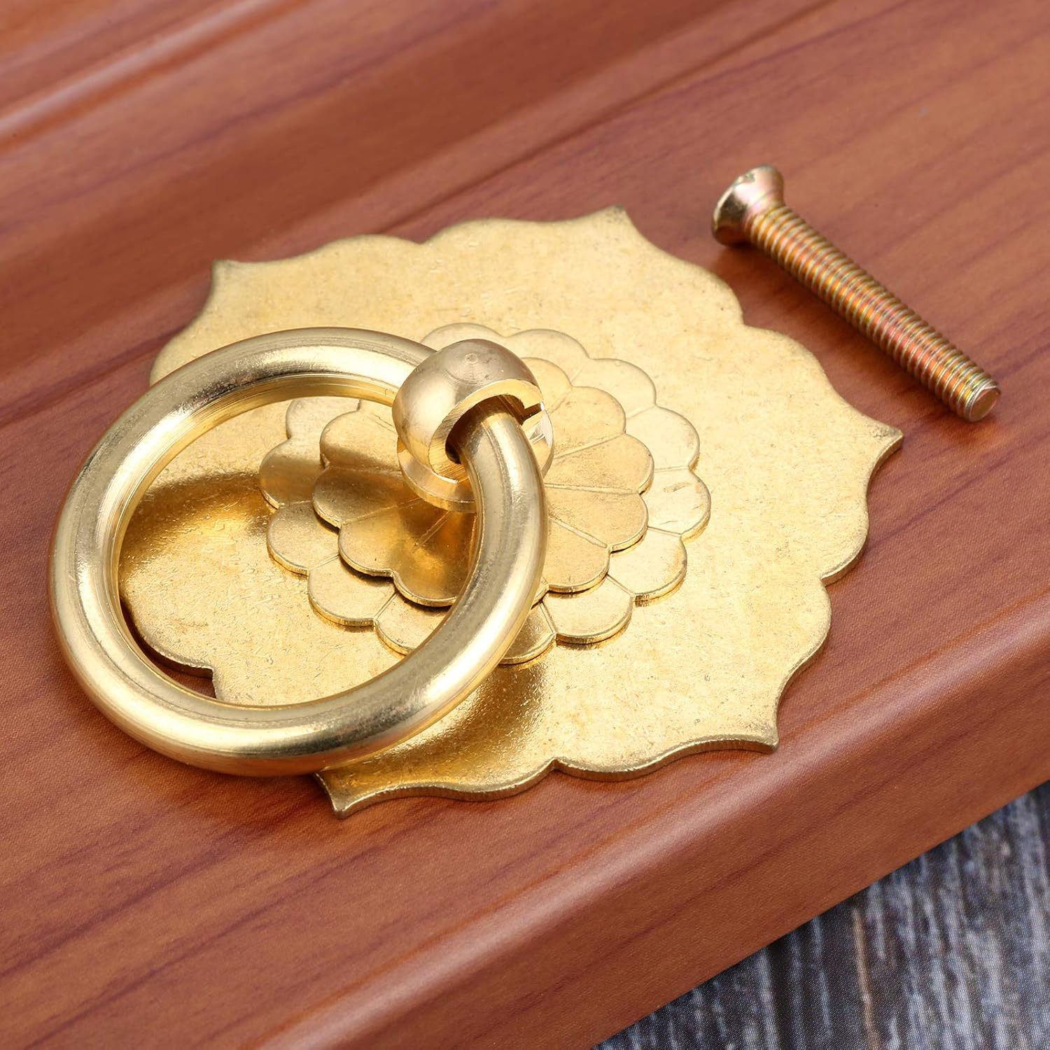 4PCS Antique Brass Ring Pulls,Vintage Hexagon Flower Ring 4 Pack