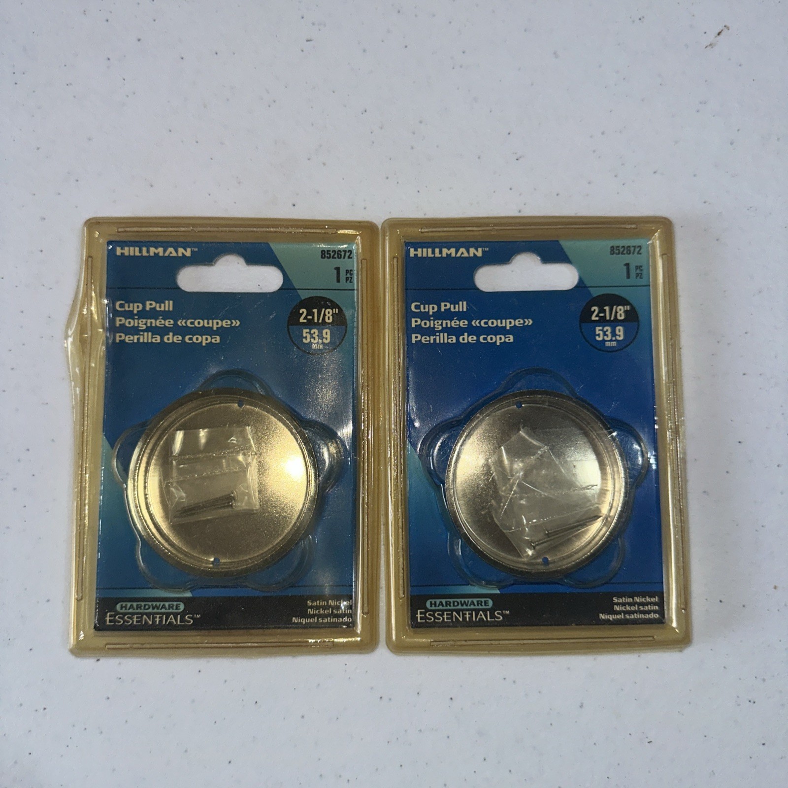 Cup Pull 2-3/4” Nickel, 2-3/4” Brass, 2- 1 3/4” Brass, 2- 2 1/8” Nickel