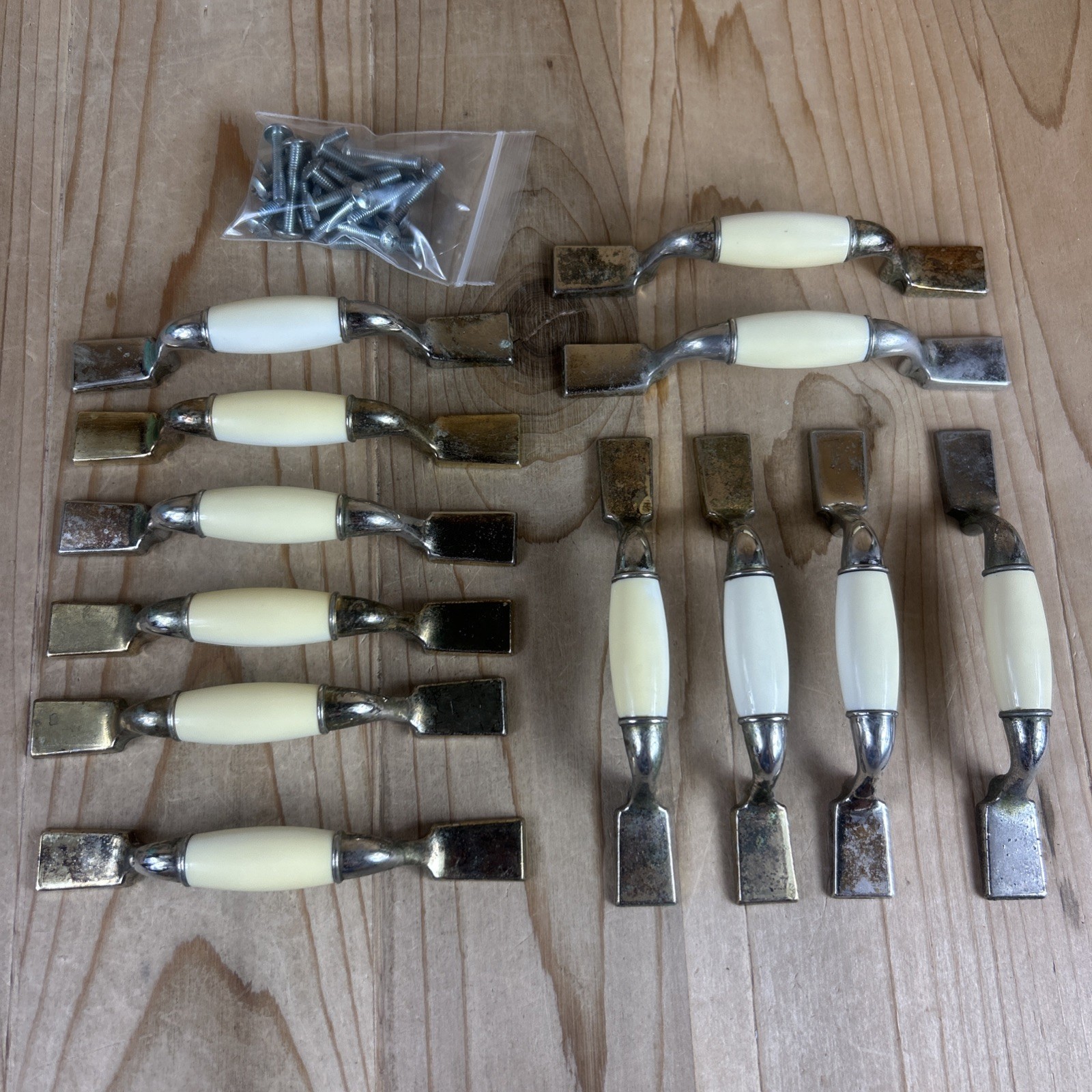Vintage Drawer Pulls Cabinet Handles Set of 12 Beige Ceramic Center 5.5” Brass