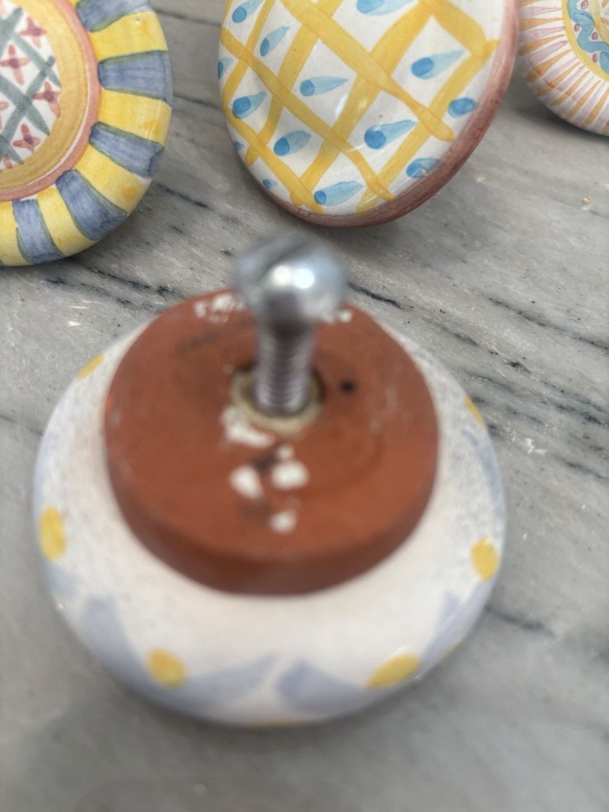 1 Mackenzie Childs ceramic blue yellow pink cabinet DRAWER PULL KNOB HANDLE