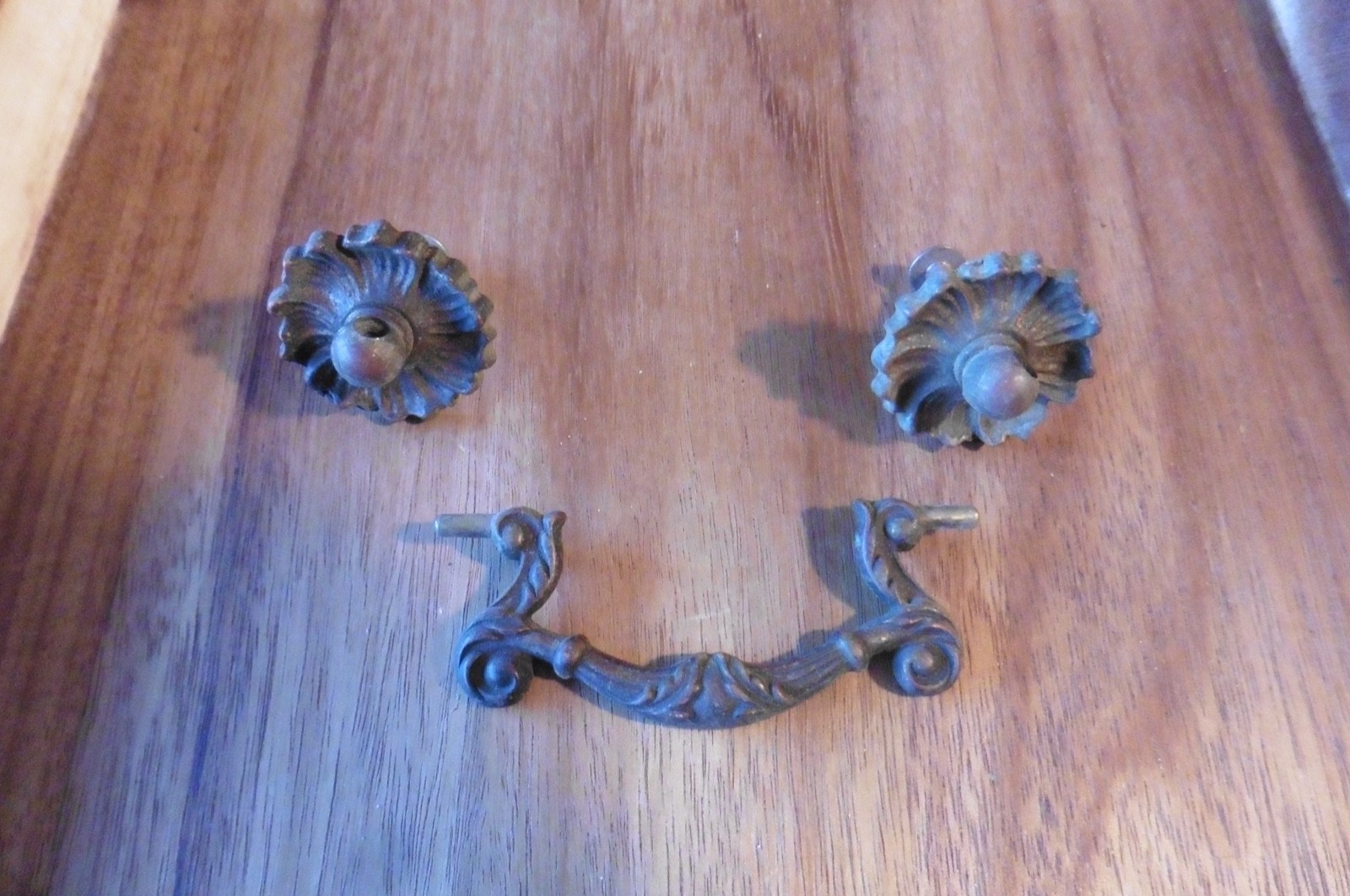 Antique 3 Part French Rococo Ornate Cast Brass Drop Drawer Pull Art Nouveau