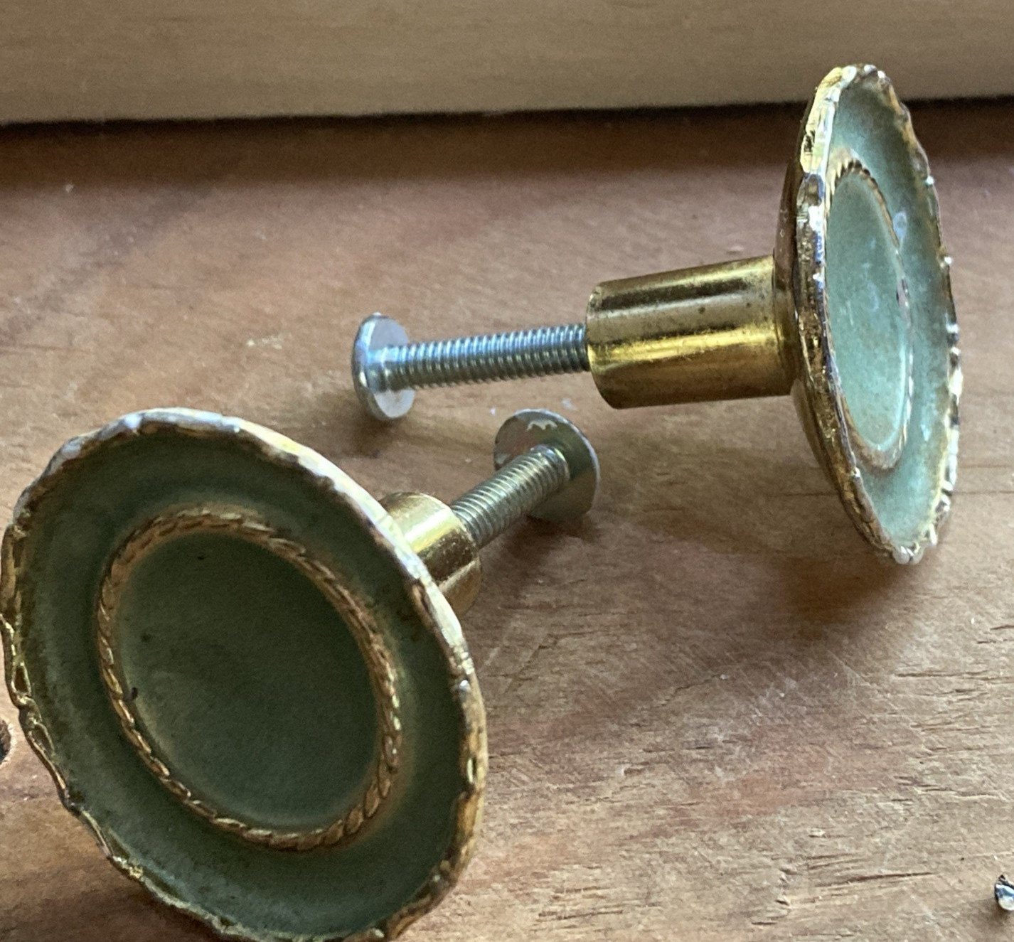 2 Vintage Brass Ajax Drawer Pulls Cabinet Knobs Pearlescent Green Gold Trim
