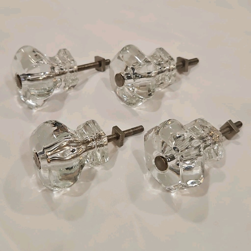 Set of 4 Rare Vintage Clear Glass Knobs Cabinet Drawer Hardware Rounded Hexagon