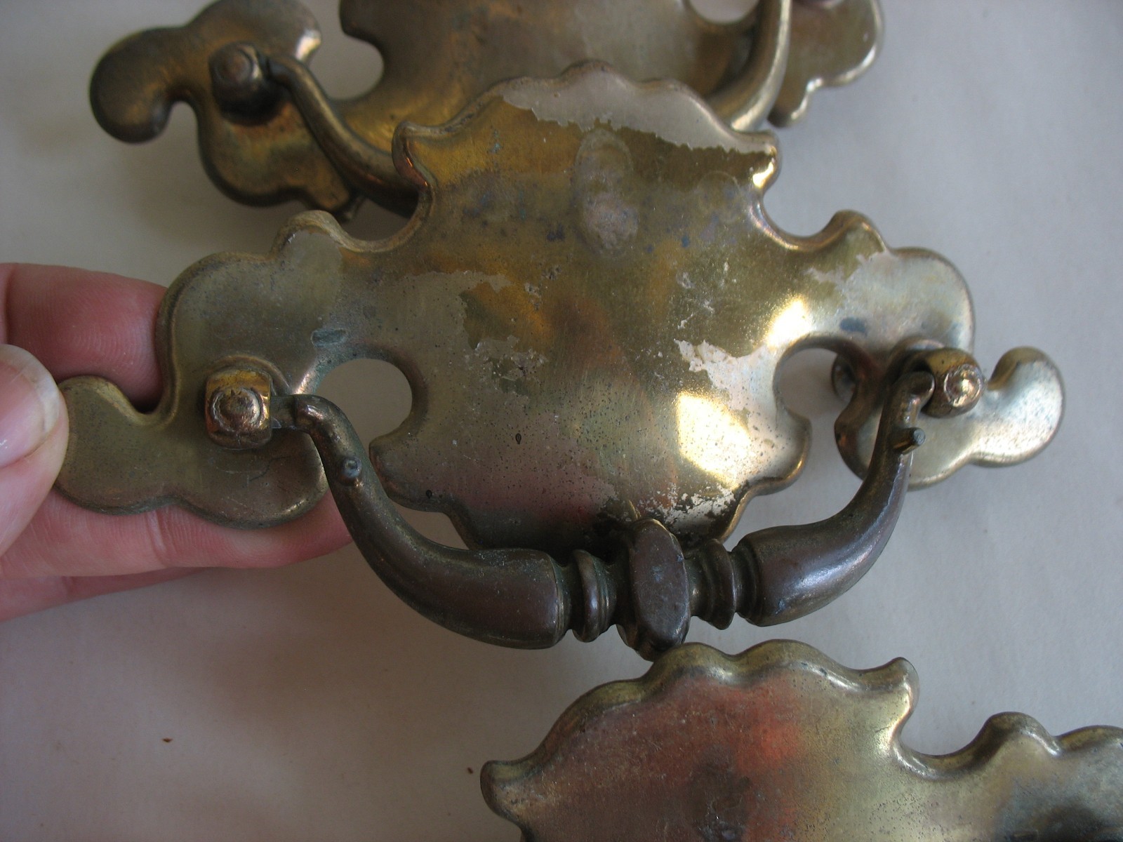 S/6 Batwing Chippendale brass plated drawer pulls 3 1/2″ centers Salvage