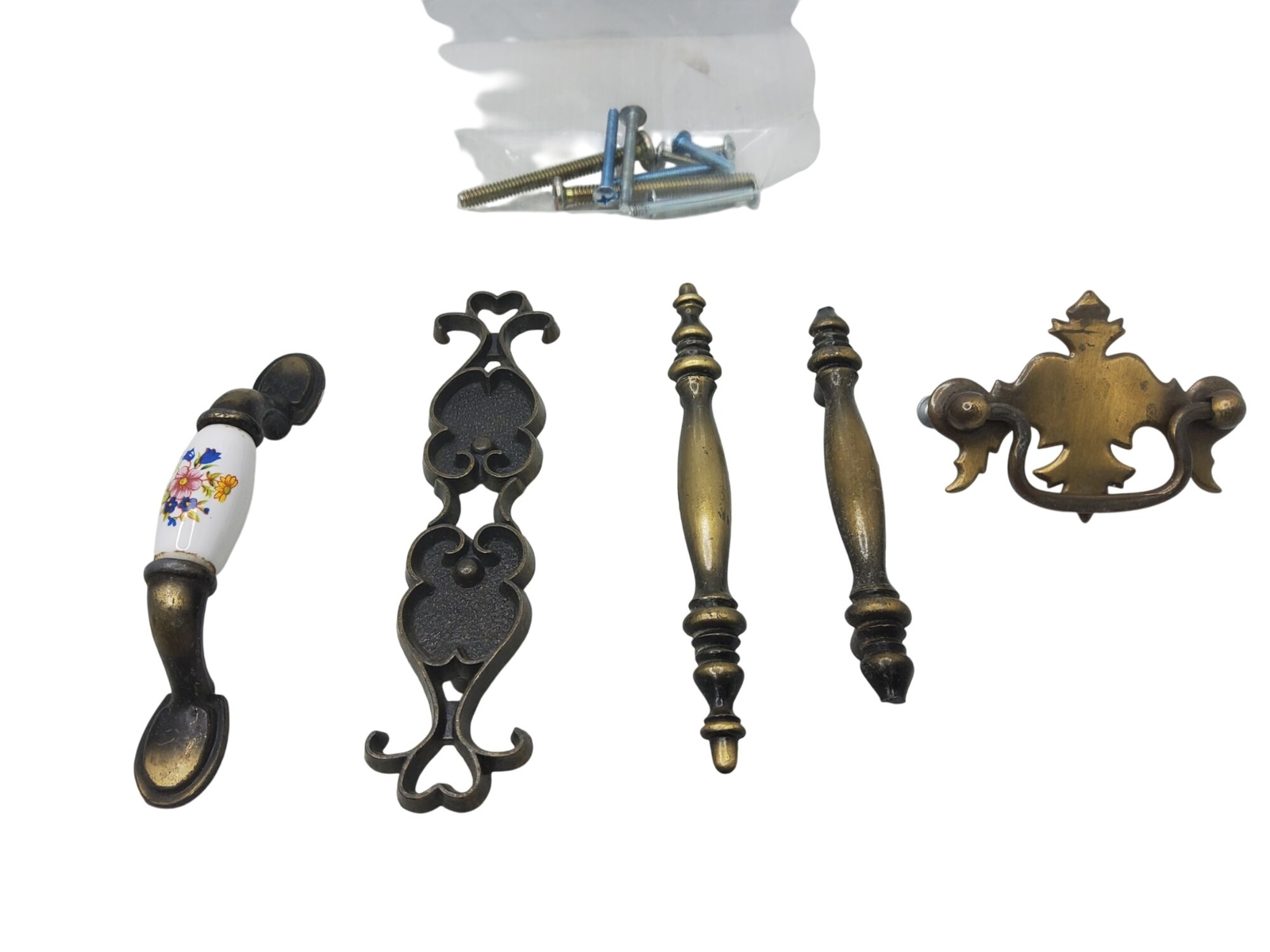 Vintage Brass & Ceramic Drawer Pulls Set With Floral Design & Mounting Screws