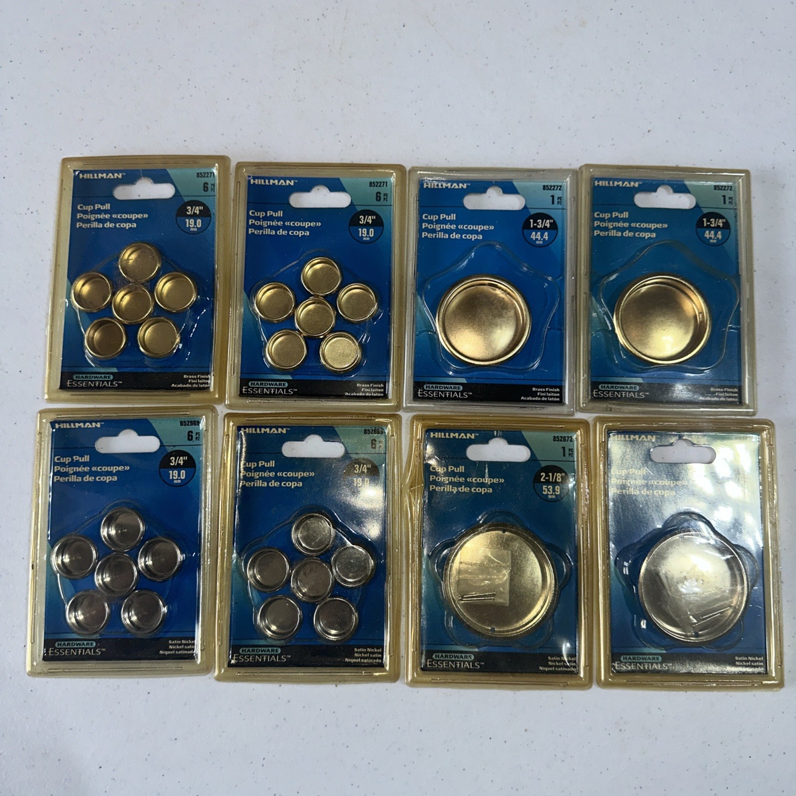 Cup Pull 2-3/4” Nickel, 2-3/4” Brass, 2- 1 3/4” Brass, 2- 2 1/8” Nickel