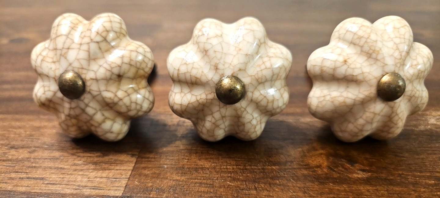 Vintage Beige Crackled Floret Porcelain Drawer Cabinet Pull Hardware Lot Of 3