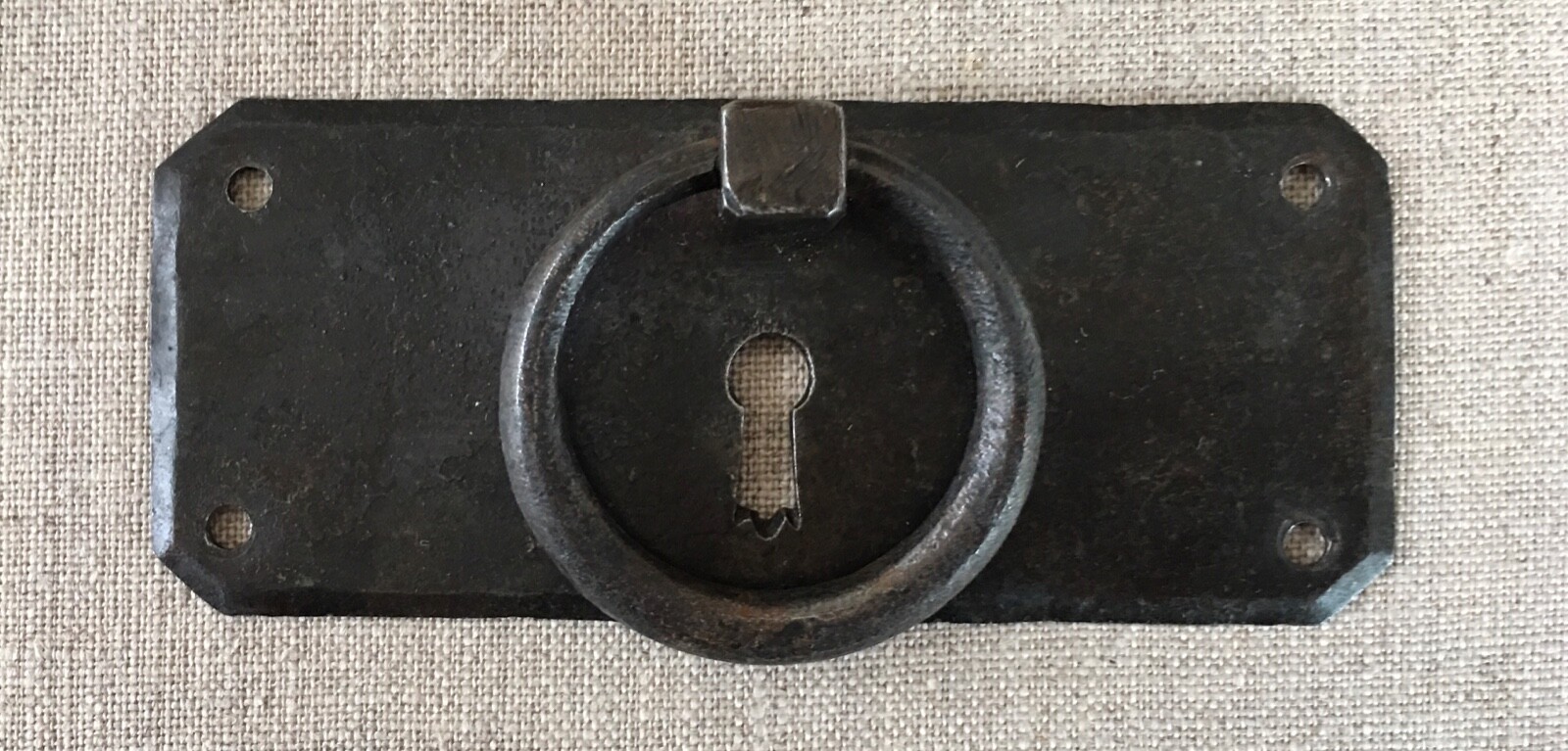Vintage French Drawer Metal Hardware Drop Ring Pull Keyhole Cover Plate Salvage