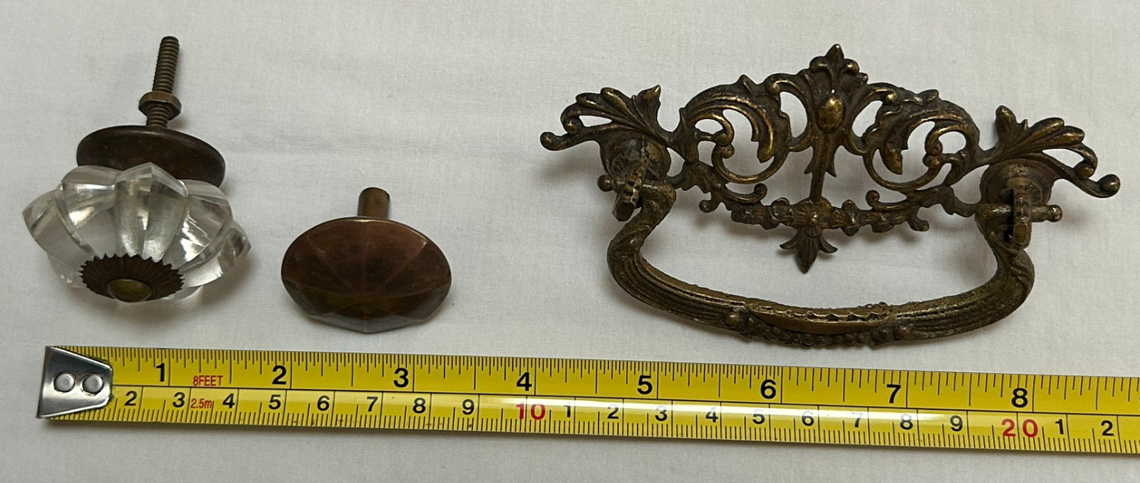 Vintage Glass Knob, 4 Oak Knobs, Brass Drawer Pulls Handles Lot