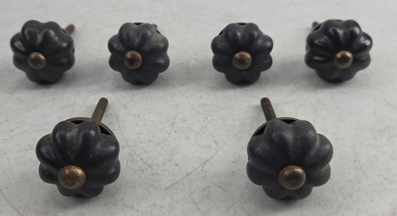 Vintage Lot of 6 Black Porcelain Floral Cabinet Knobs Drawer Pulls Handles