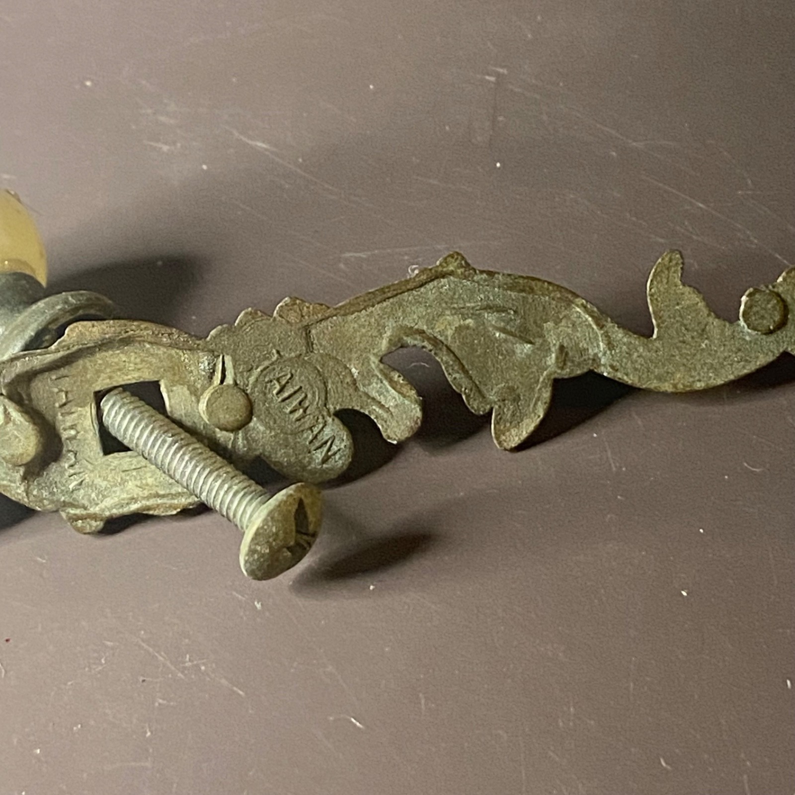 Vintage Metal And Porcelain Knob Ornate Drawer Pull