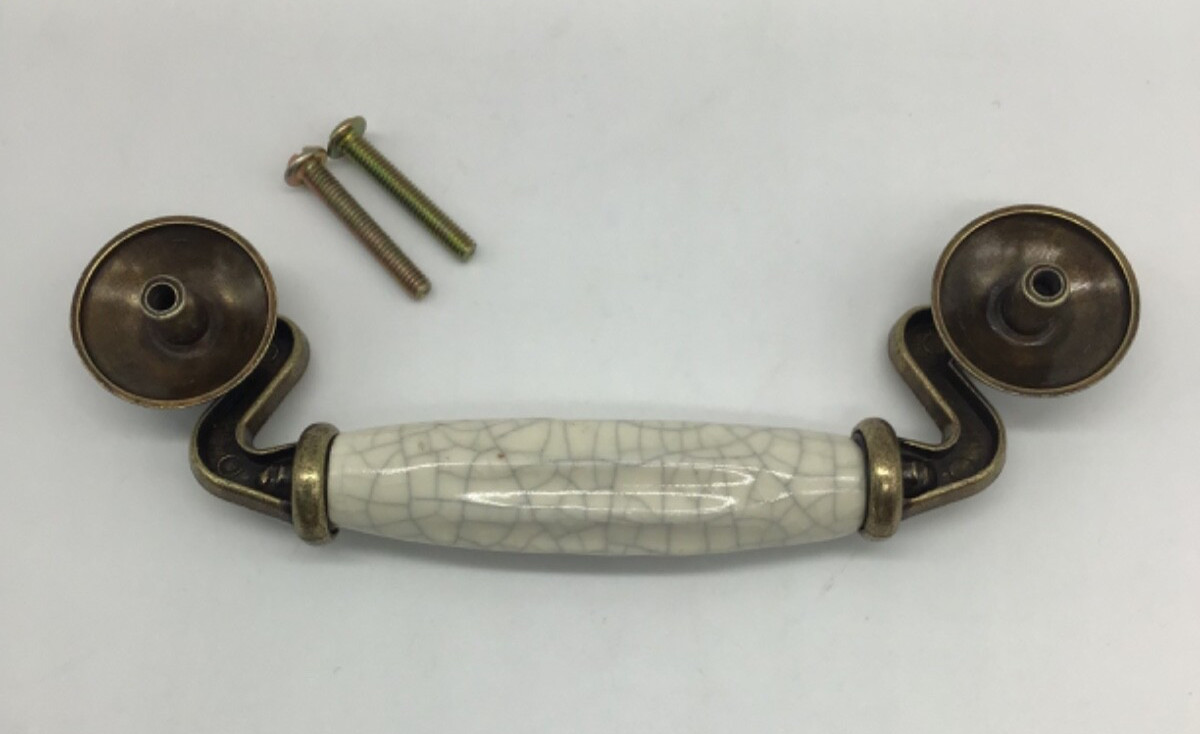 Antique Brass Hardware With Beige Ceramic Crazing Drop Bail Drawer Pull New