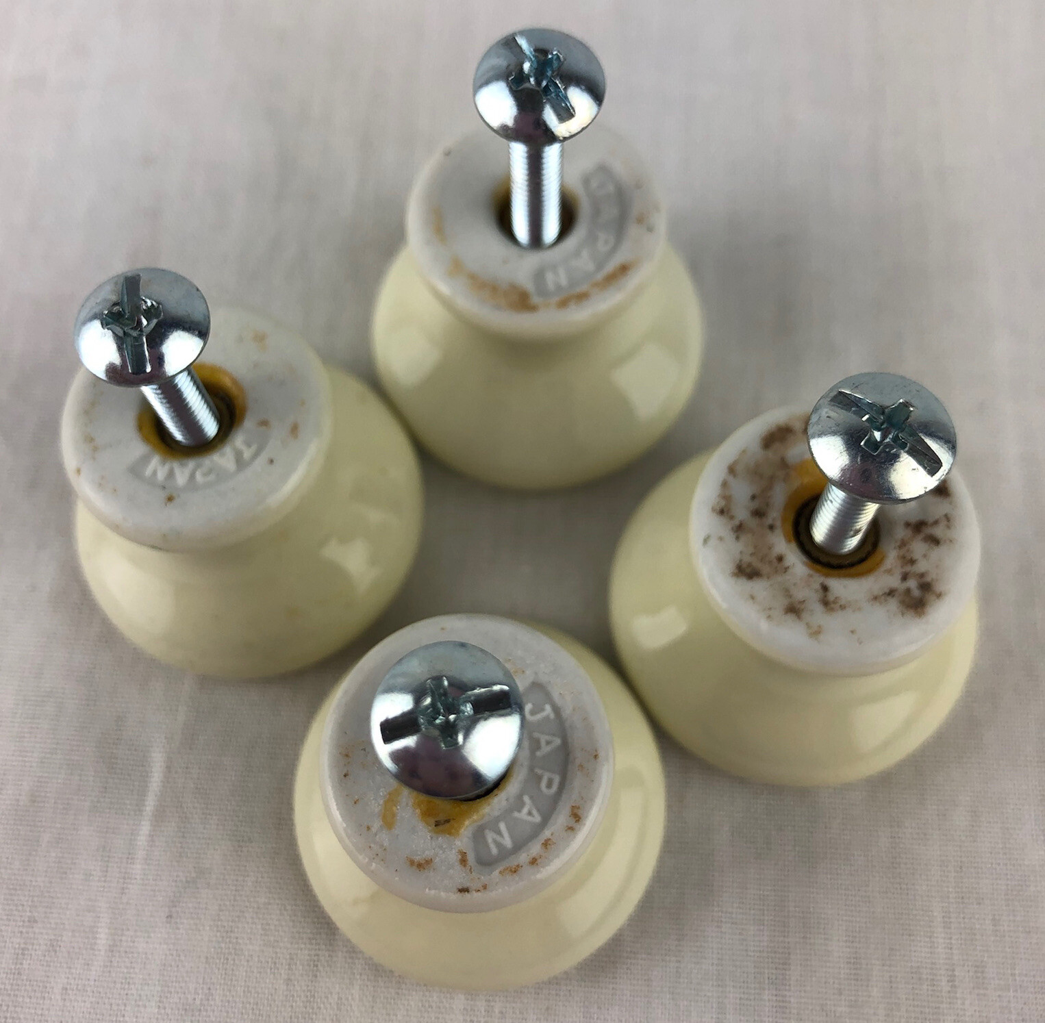 Porcelain Knobs With Screws Set of 4 Brown Stripe Off White Belwith Vintage