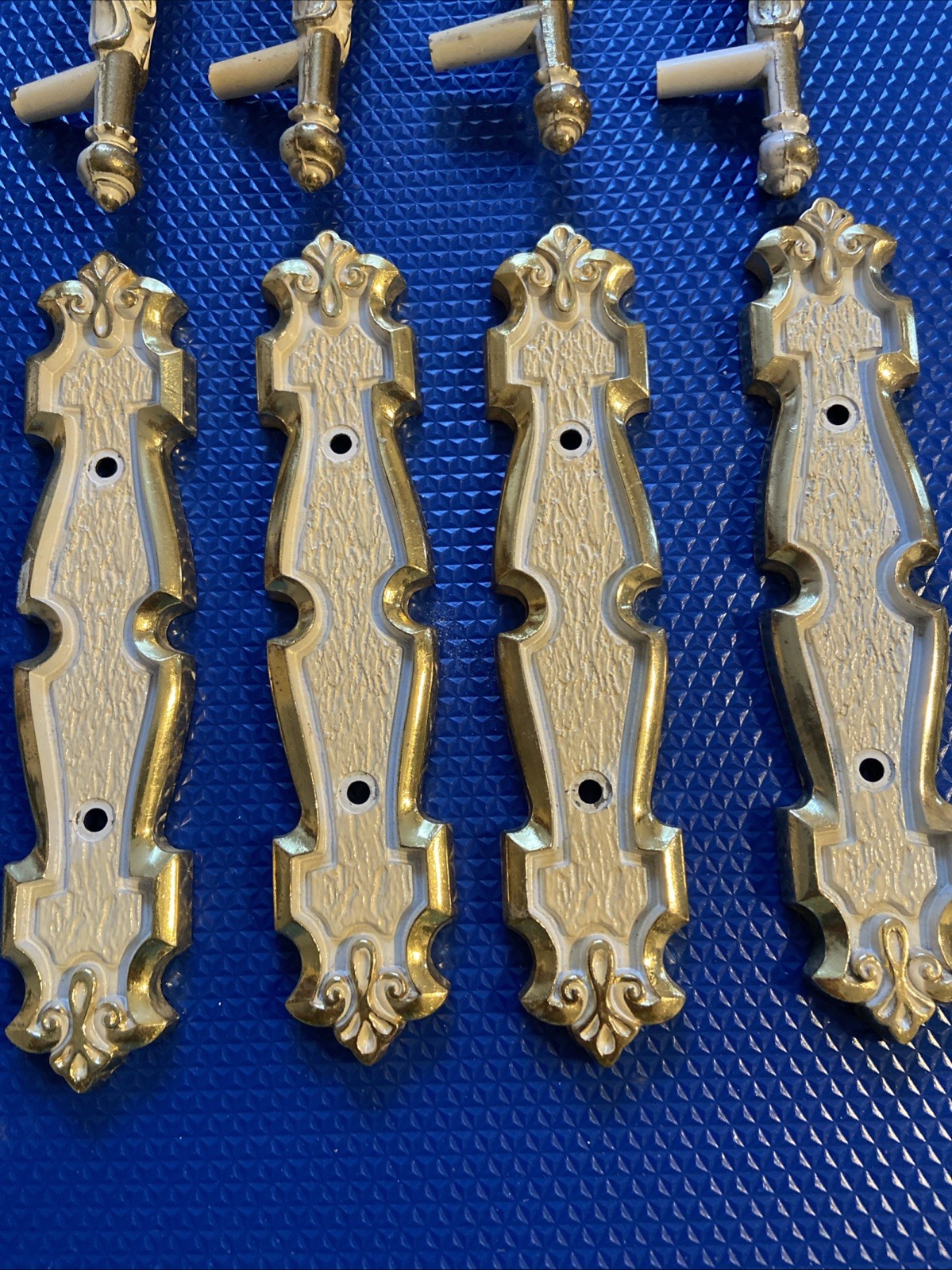 4 Vintage 50’s 60’s Ajax English Provincial White Gold Handle Pulls Backplates
