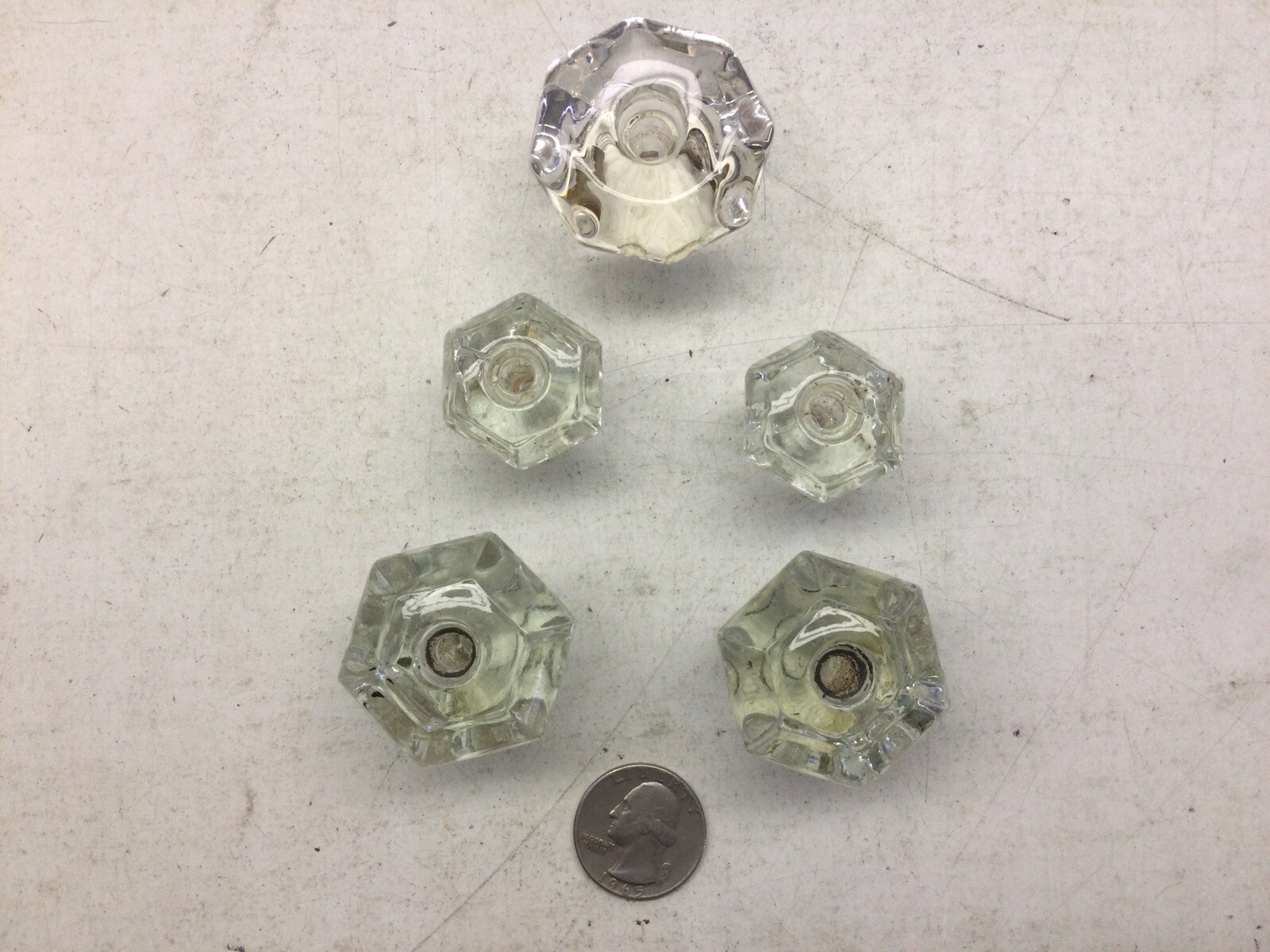 5) Antique Hexagon Glass Drawer Knob Pulls, Two Pairs, One Single