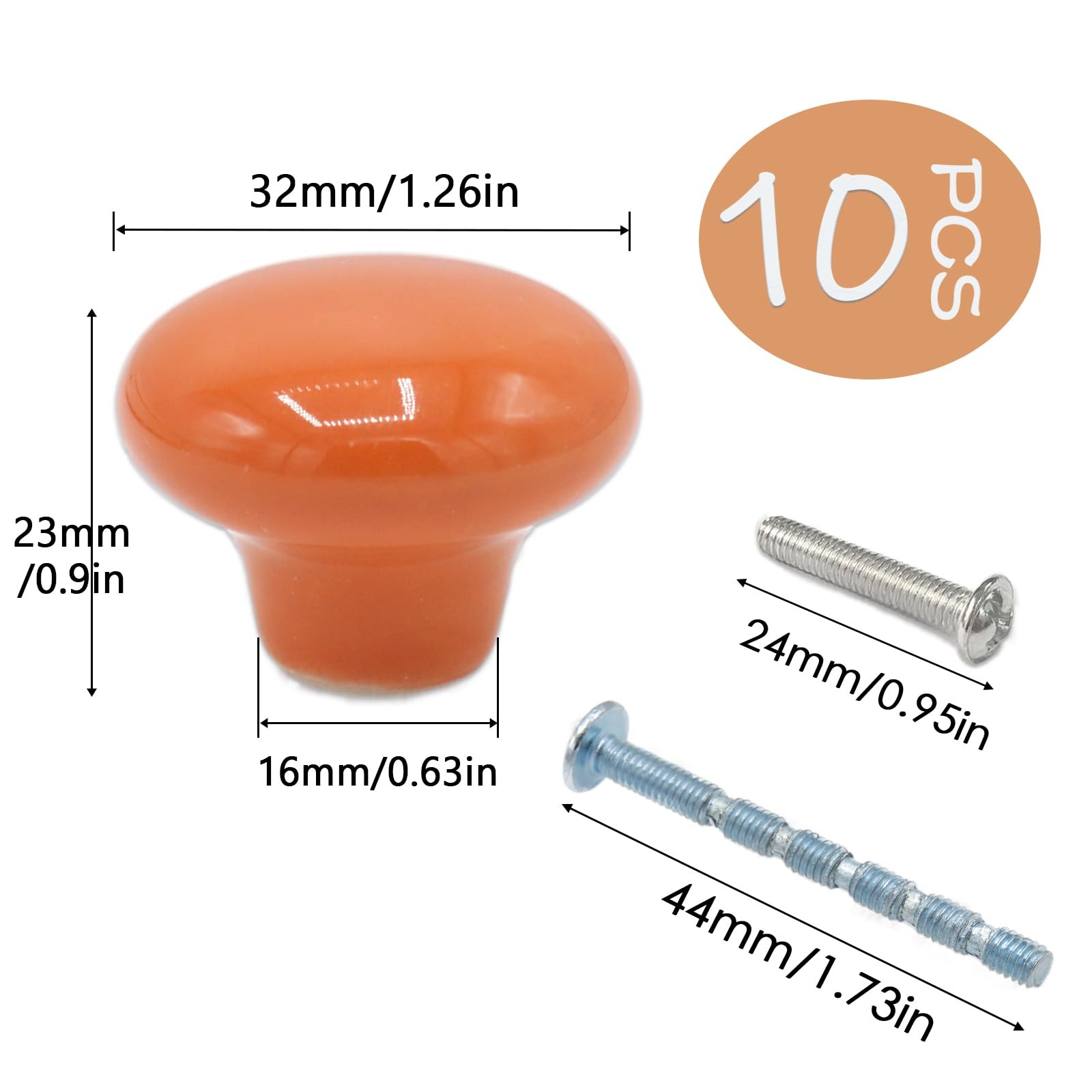 10Pack Ceramic Cabinet Knobs, 1.26Inch/32mm Orange Round Drawer Dresser Knob Pul