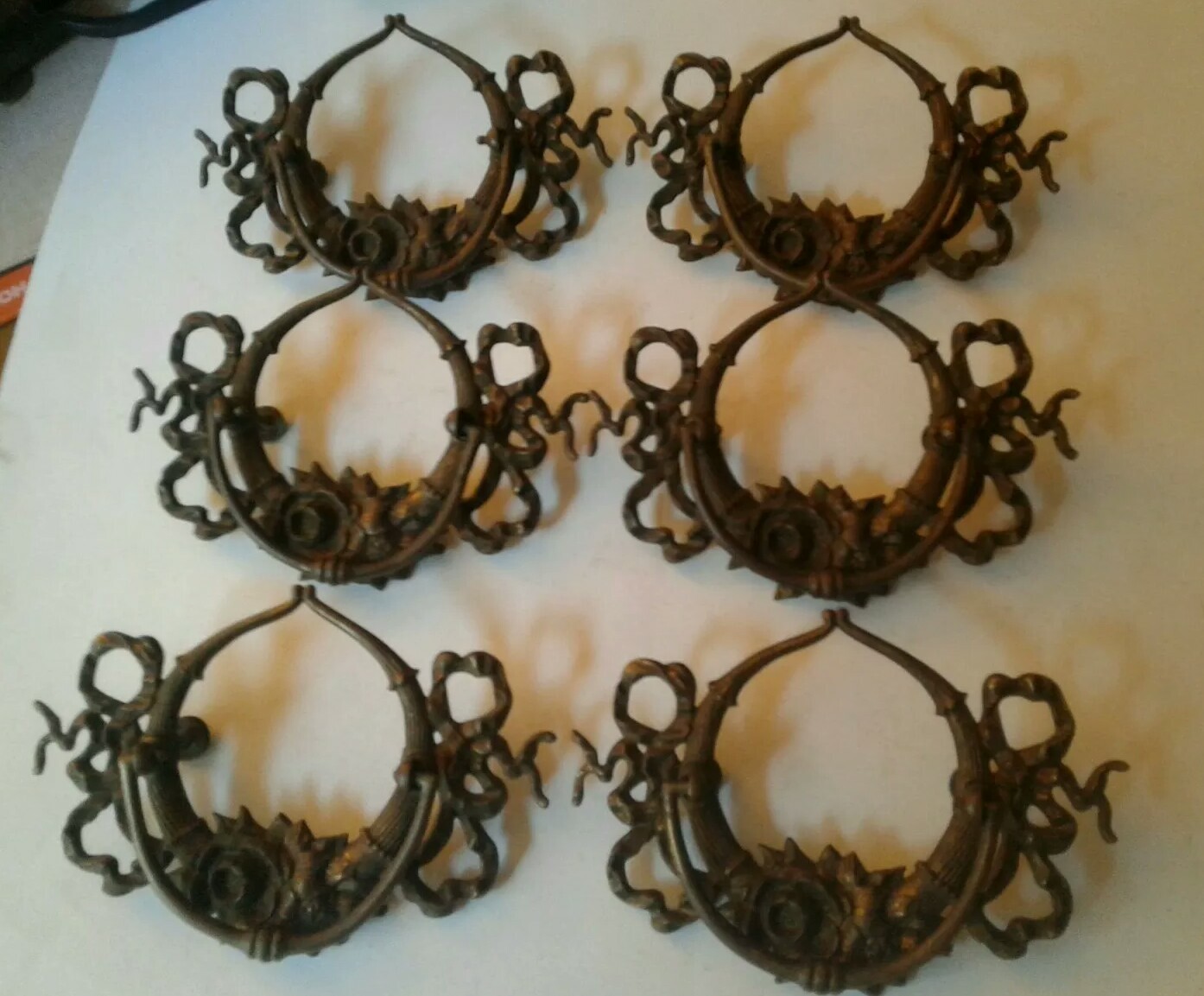 Antique / Vintage Drop Bail Pulls Drawer Pulls Ornate Brass Hardware Lot of 6