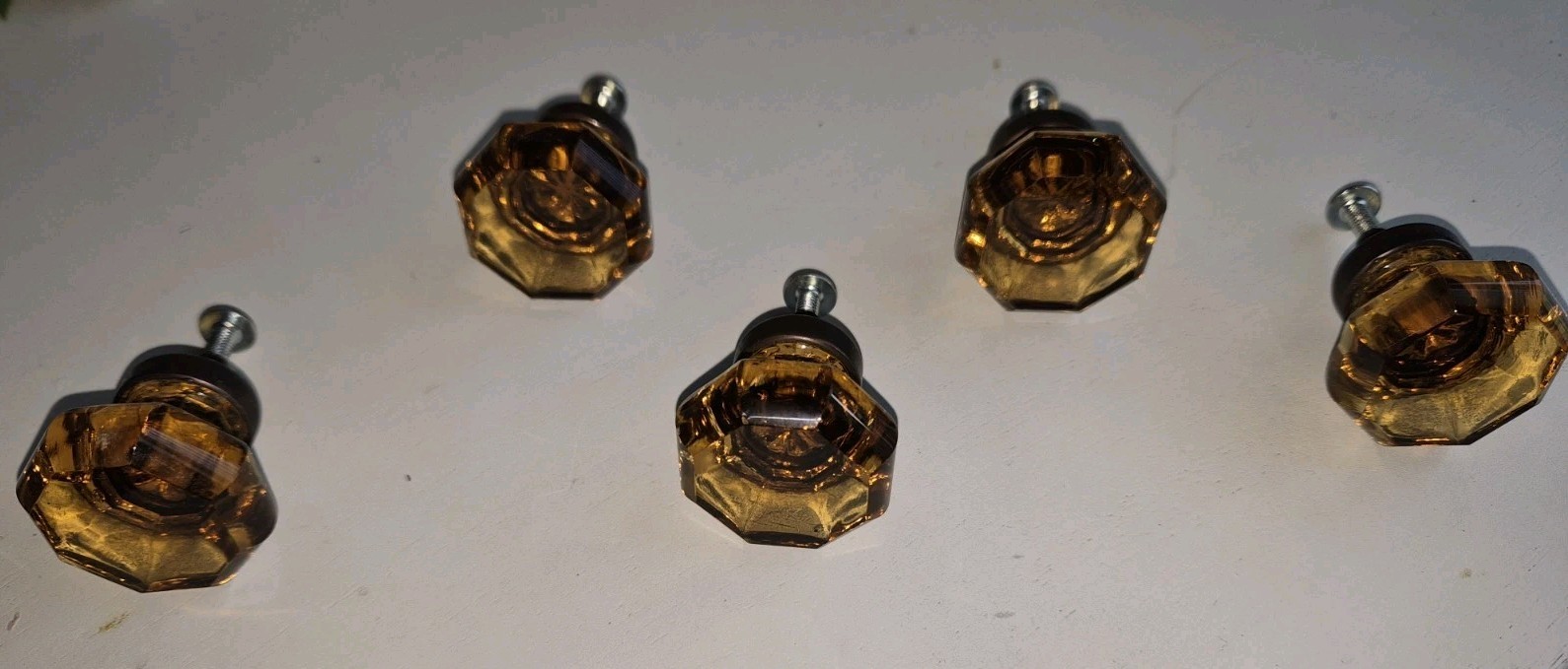 Lot Of 5 Vintage Amber Glass Cabinet/Drawer Knobs Octagon Crystal Dresser Pulls