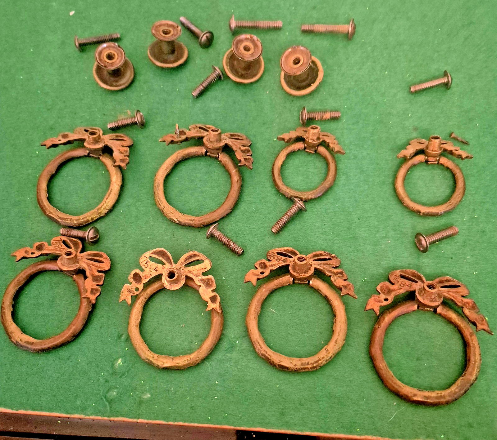Antique Ribbon And Bow Ornate Bronze Brass Drawer Pull Rings 12 Set Art Nouveau!