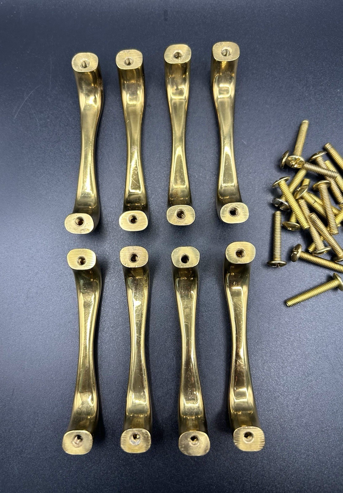 Vtg Solid Polished Brass Drawer Pulls Contoured Bar 3.5” Lot Of 8 With Screws