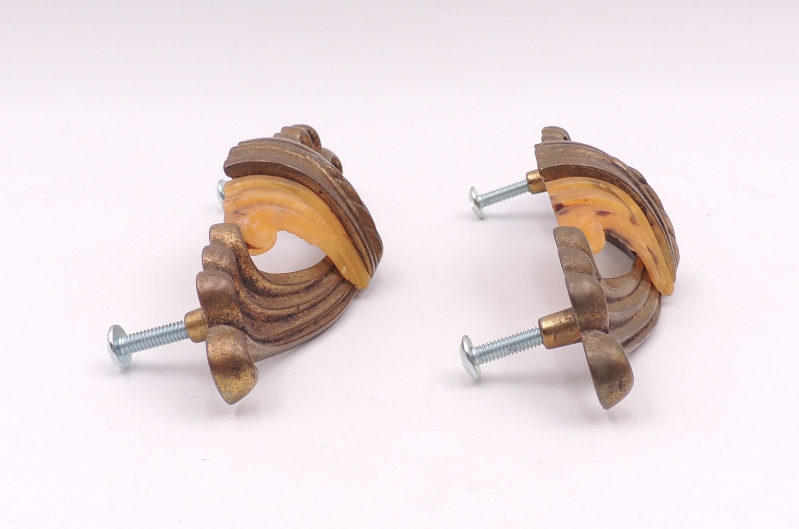 2 Art Deco Drawer Pull w/ Bakelite Vintage Knob Brasstone Waterfall Handle Set
