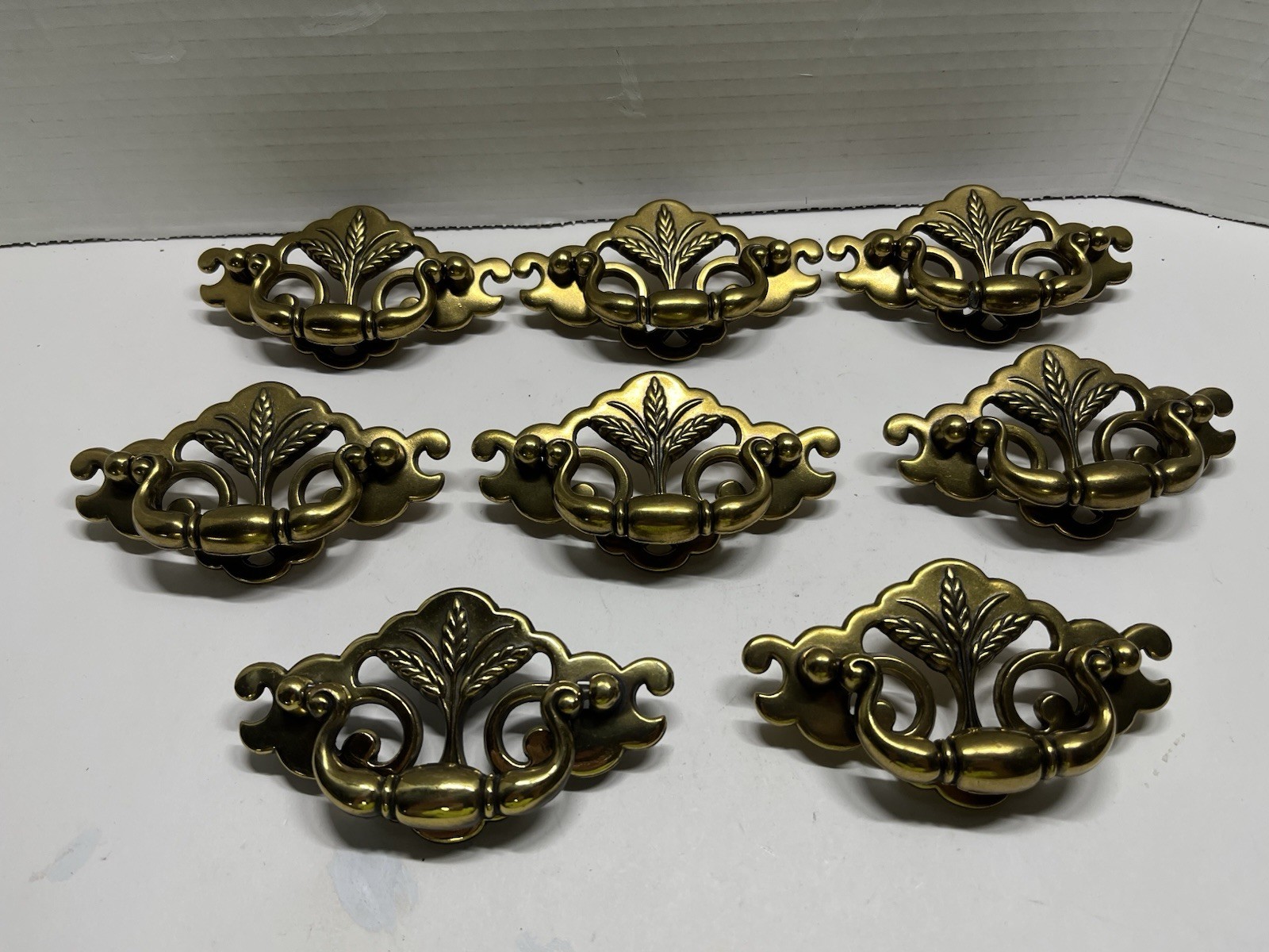 Vtg.Lot (8) NOS Brass Plated Chippendale/Batwing Wheat Design Drop Bail Pulls