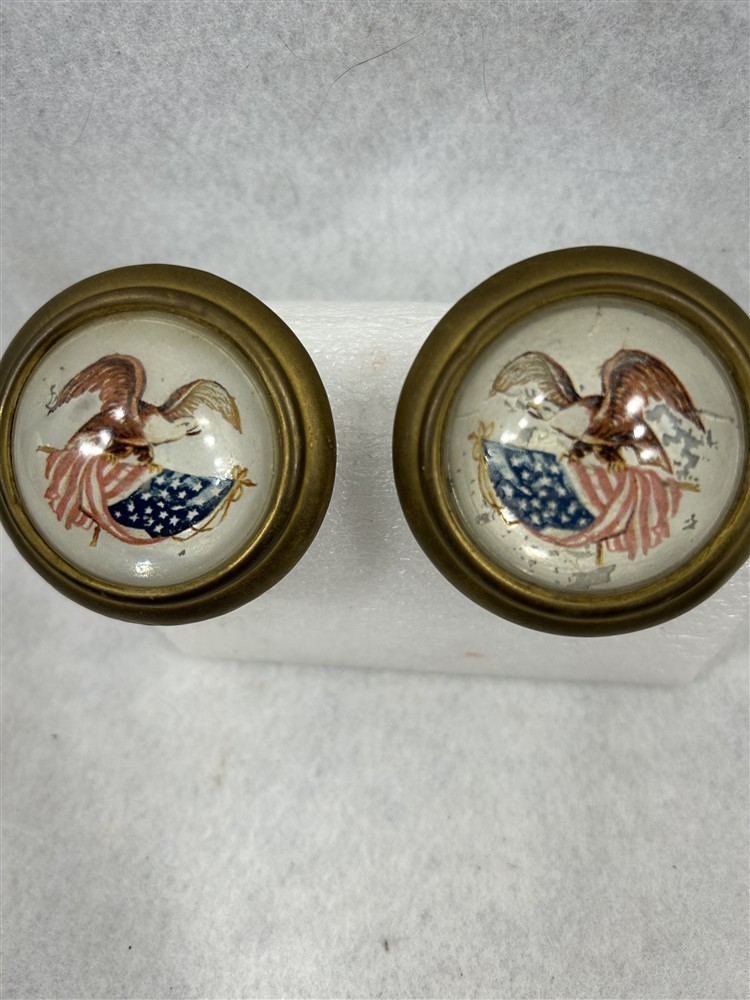 antique eagle flag drawer pulls lot 2 round glass brass 2 in original 1800