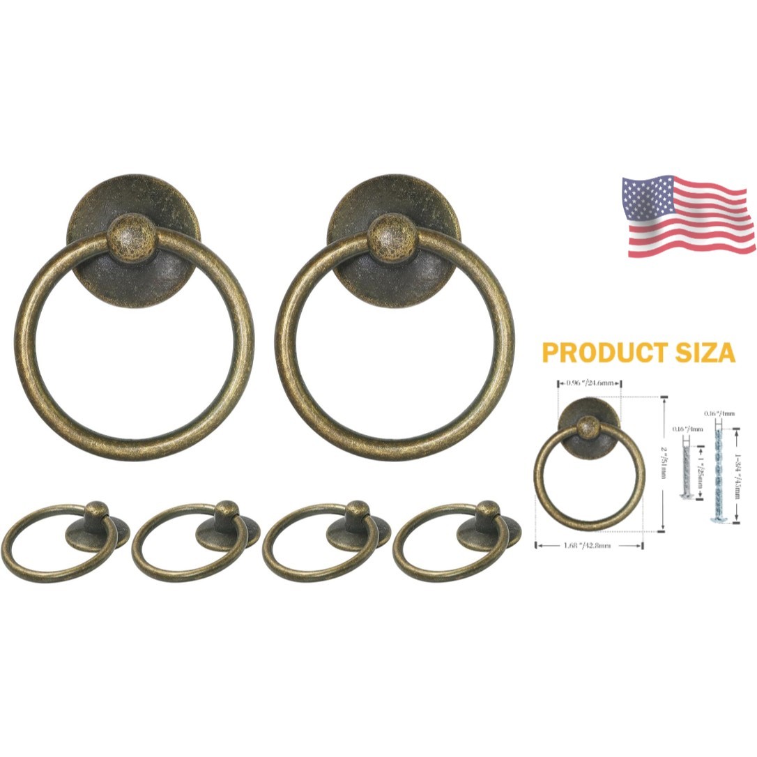 6pcs Antique Brass Drop Ring Drawer Pulls, Vintage Cabinet Ring Handles, Meta…