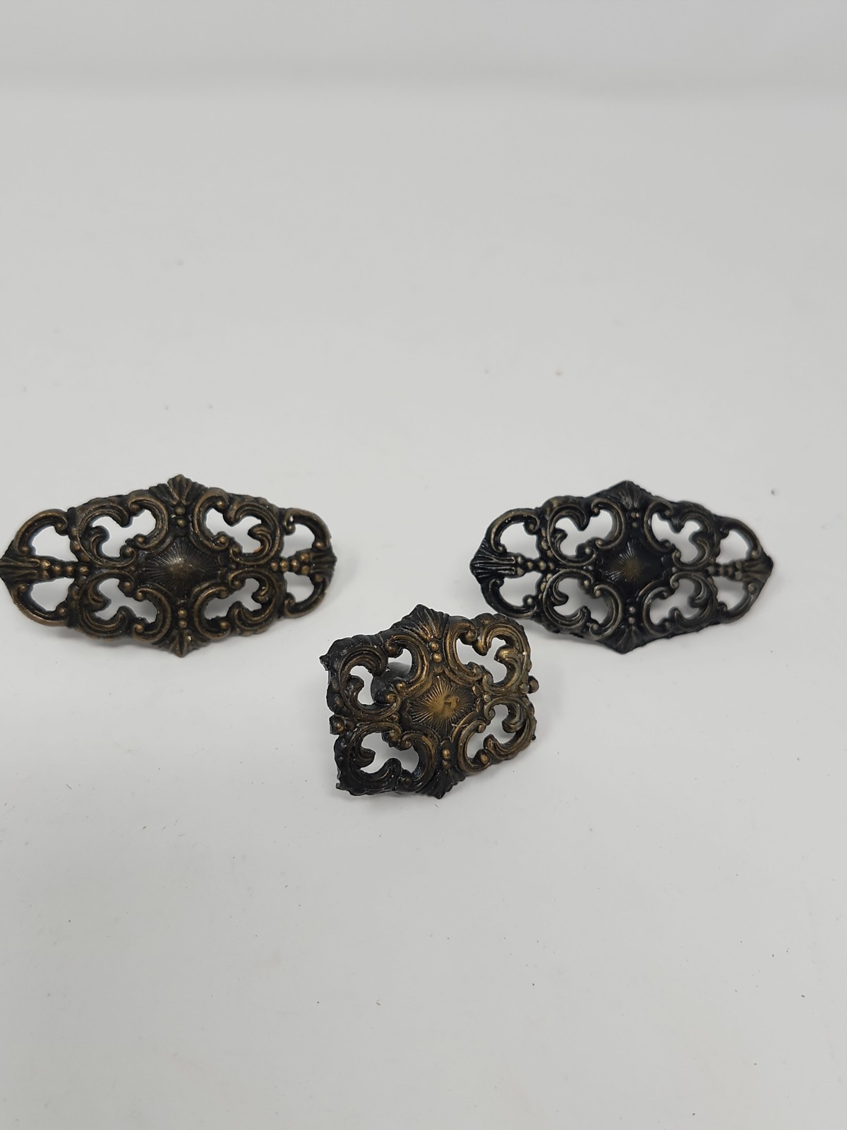 4 Vintage Drawer Pull W/Backplate Ornate Filagree Stamped Japan With Screws