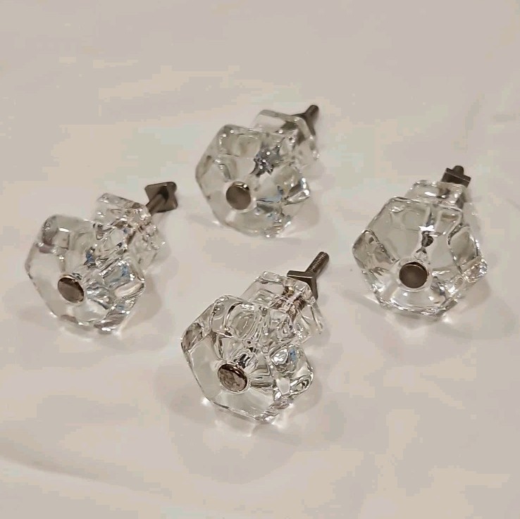 Set of 4 Rare Vintage Clear Glass Knobs Cabinet Drawer Hardware Rounded Hexagon