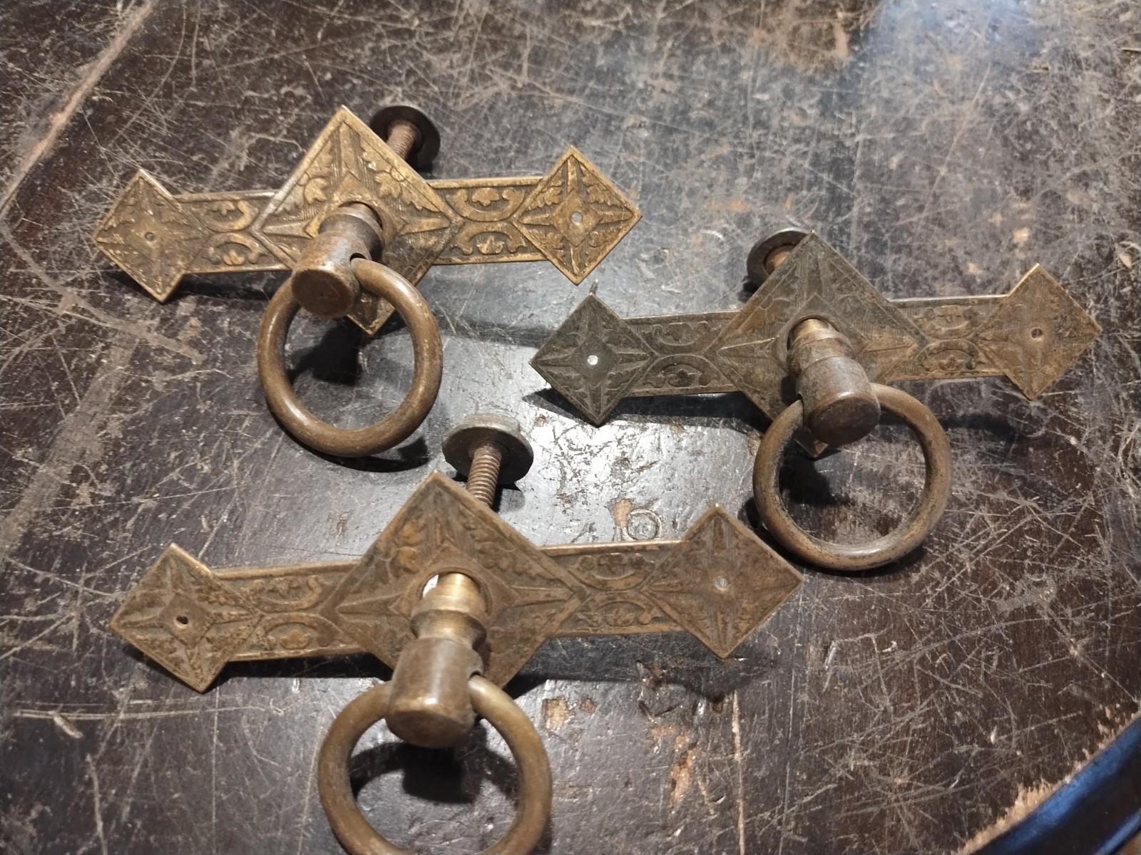 (3) Antique Vtg EASTLAKE Solid Brass Dresser Pulls Ornate Victorian