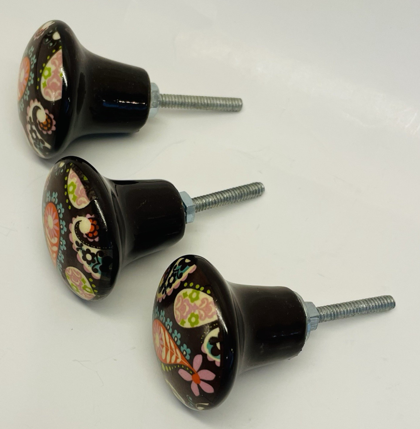 5 -Cabinet Knobs Floral Paisley Boho 1.5″ Single Mount Hand Painted Drawer Pulls