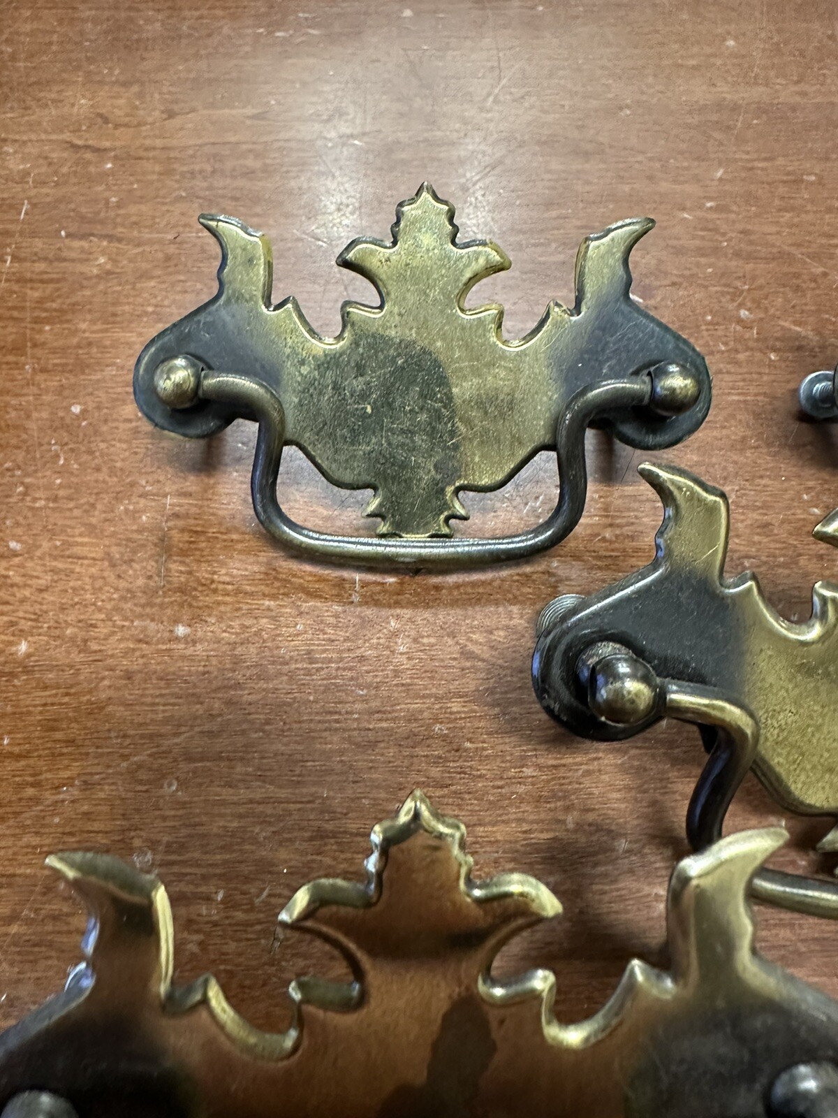 Vtg Chippendale Batwing Brass Toned Pressed Steel Cabinet Pulls 3″ Center Set 5