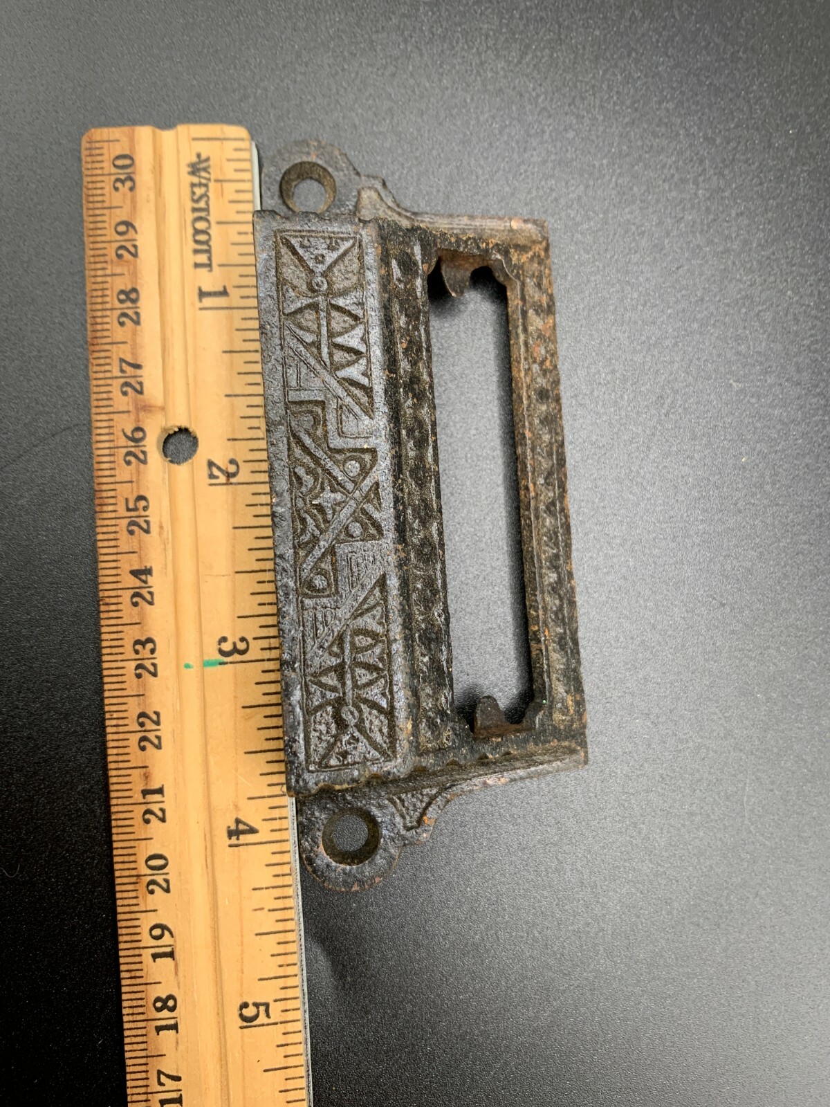 Antique Ornate Eastlake rectangular drawer handle pull with window cast Brass