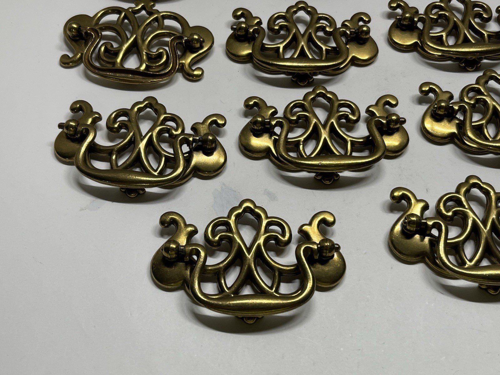 Vintage Lot (11) NOS KBC Brass Plated Chippendale/Batwing Style Drop Bail Pulls