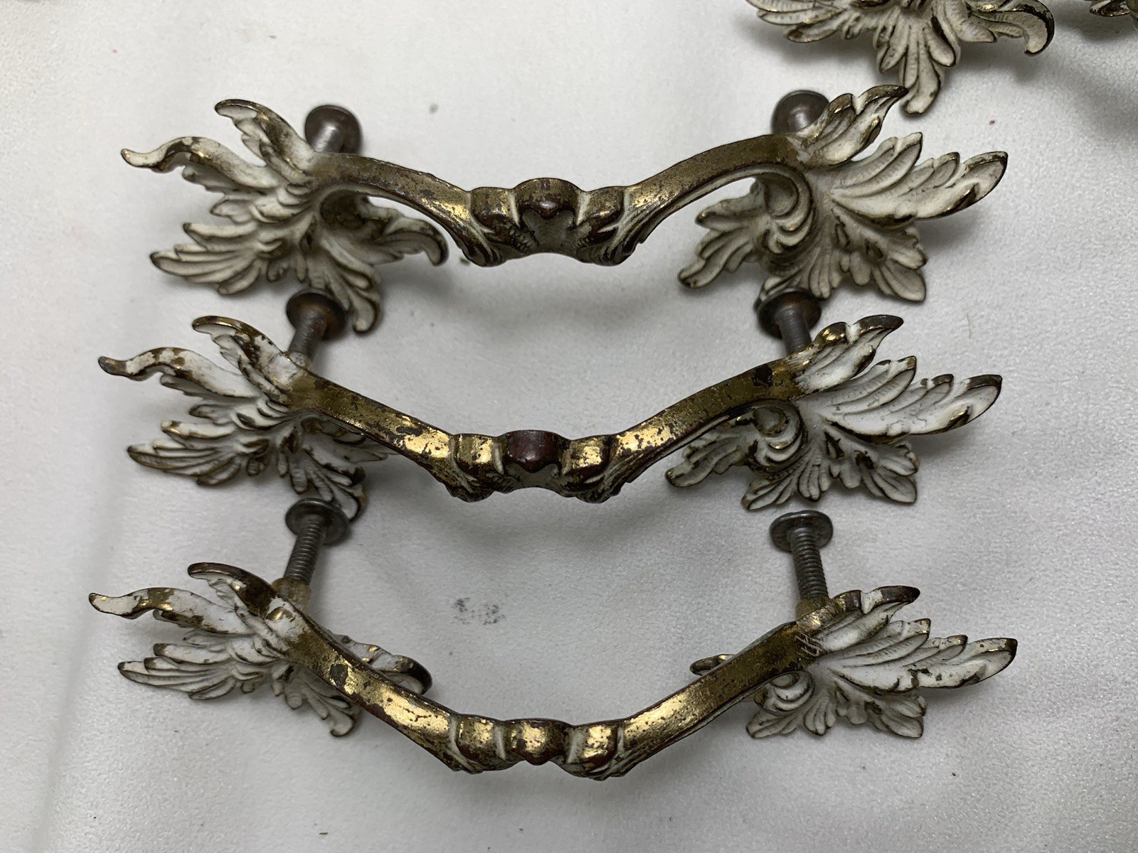 11 Vintage French Provincial Drawer Pulls 3″ centers + 4 Brass & White Coloring