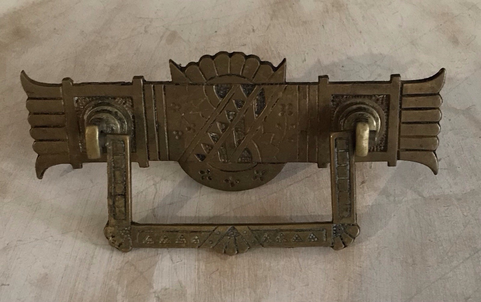 Antique Eastlake Solid Brass Geometric Backplate Drawer Pull Handle, Approx 5 in