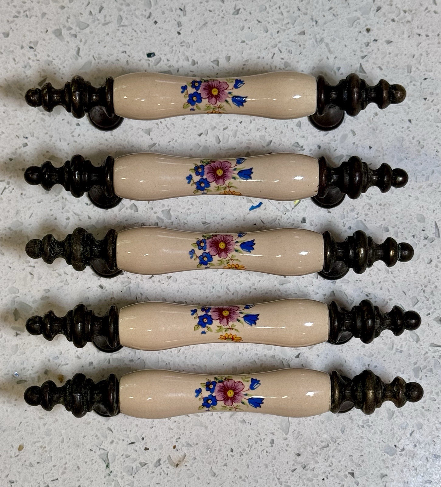 1960’s Vintage Antique Brass Ceramic Floral Drawer Cabinet Pull Handle Set of 28