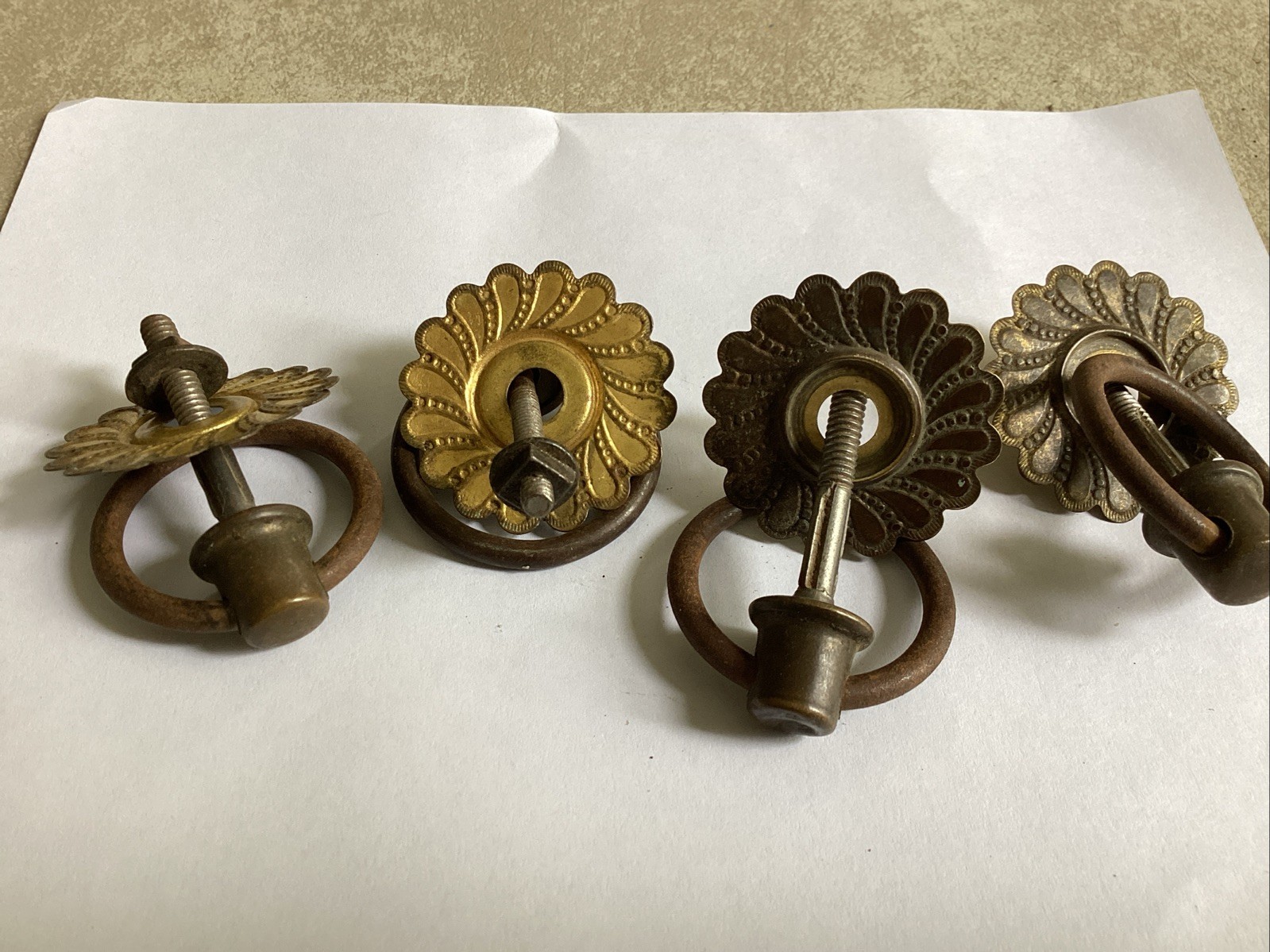 4 – 1-1/2 in brass backings Plates & Same Size Antique Pull Rings Chest drawer