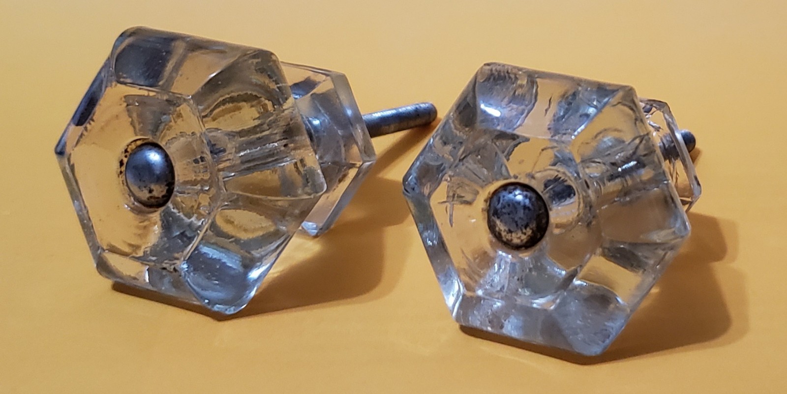 2 Antique Hexagonal Clear Glass Drawer Knobs 1.5″ x 1.3125″