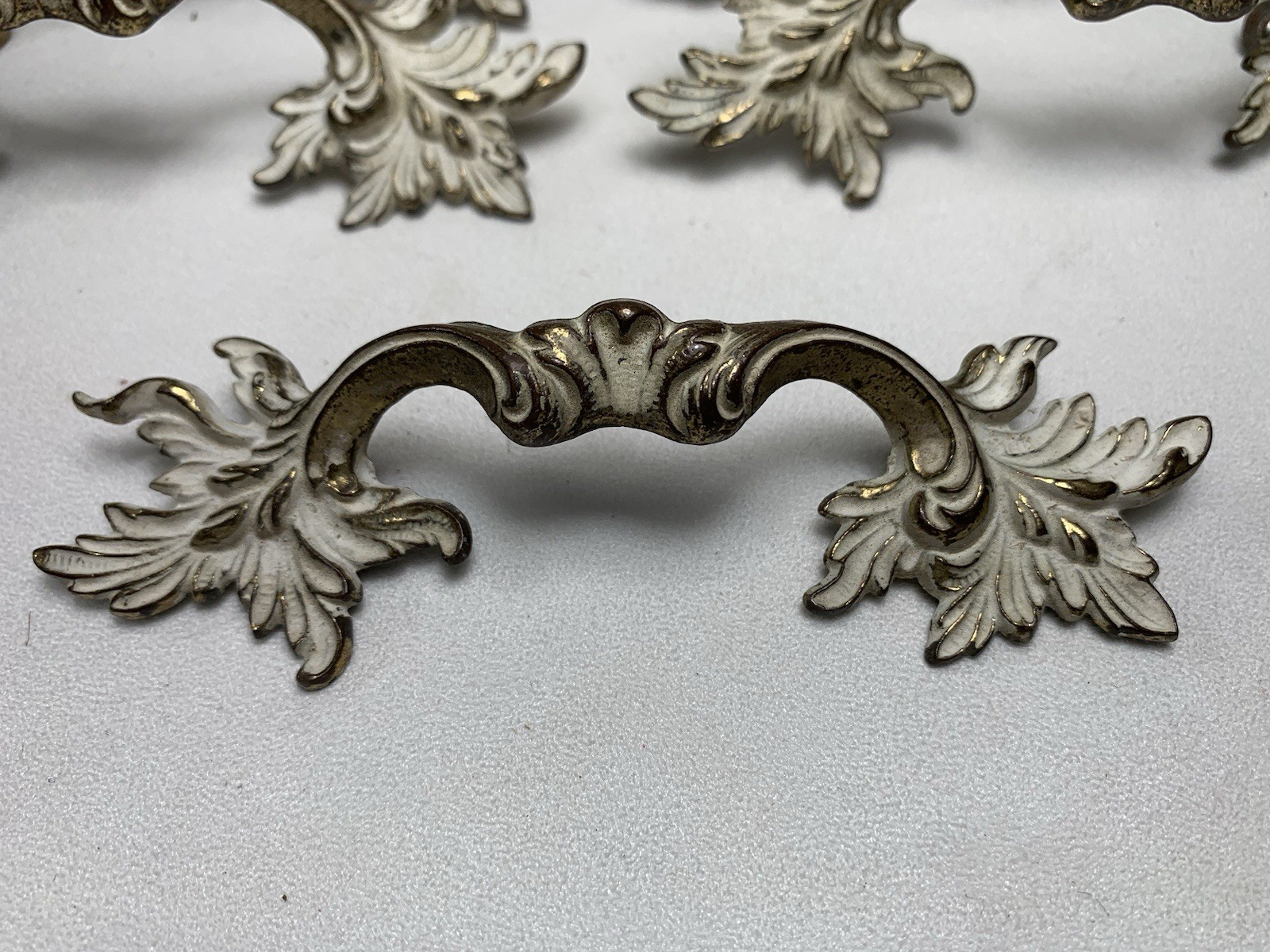 11 Vintage French Provincial Drawer Pulls 3″ centers + 4 Brass & White Coloring