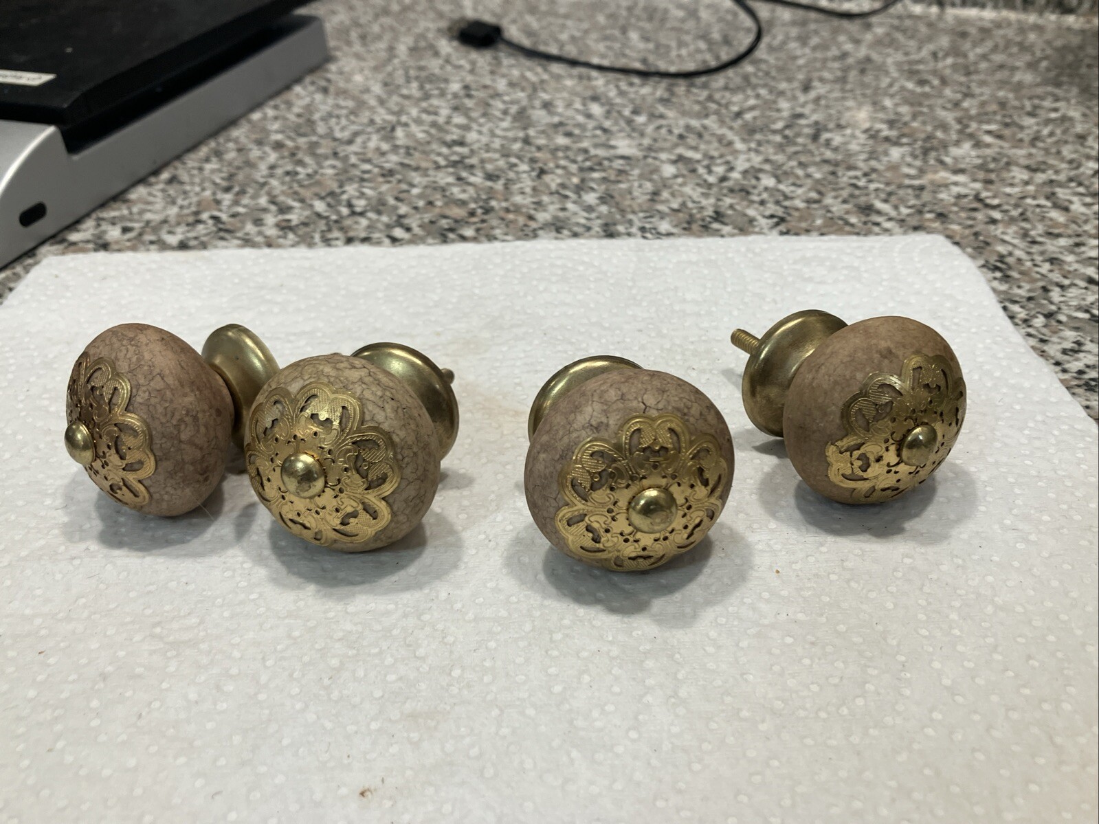Set of 4 Vintage Fake Cork Porcelain Drawer Knobs With Floral Design brass