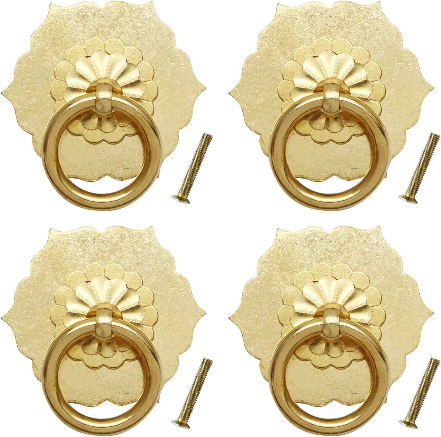 4Pcs Antique Brass Ring Pulls Flower Shape Cabinet Knobs Drawer Pulls With Screw