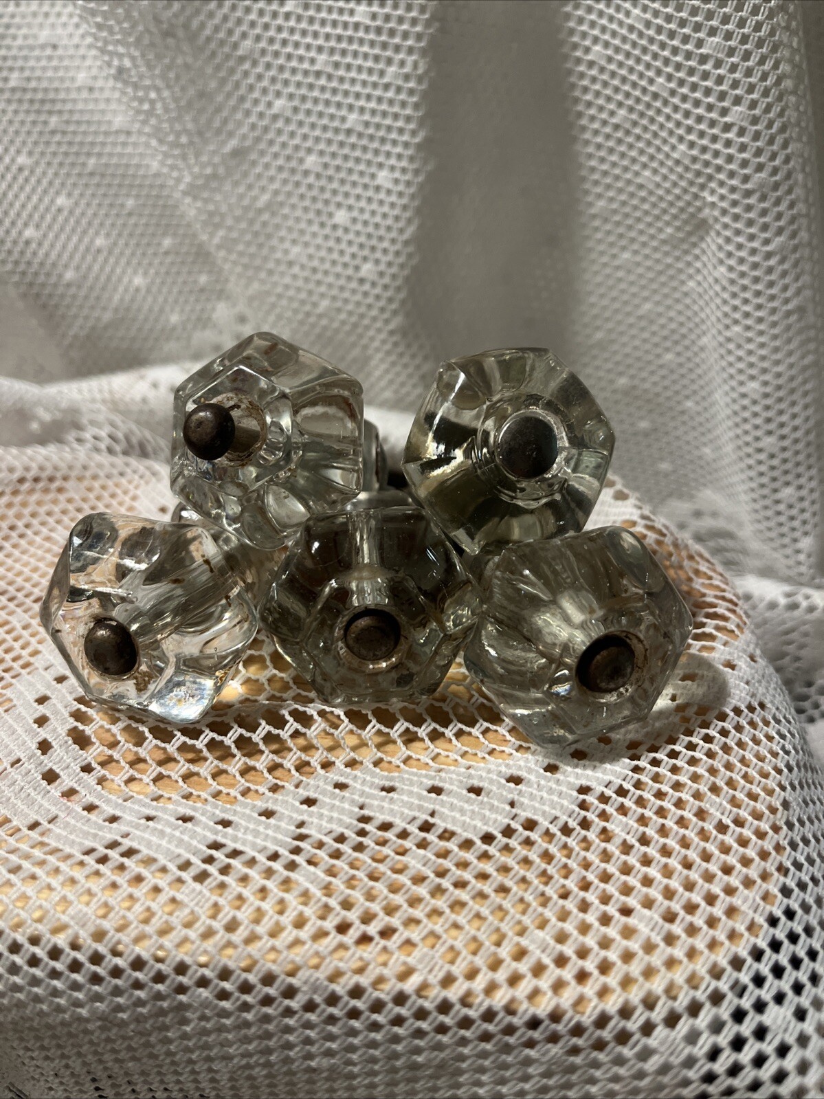 5 Vintage Antique Clear Glass Hexagon Dresser Drawer Cabinet Pulls Knob 1 1/2″