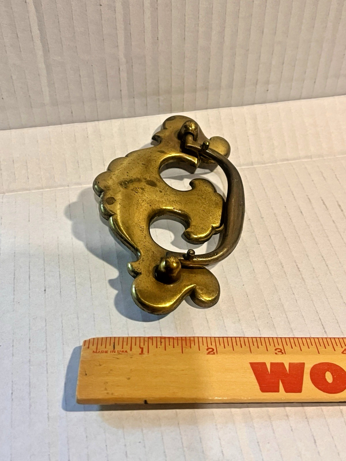 Vintage French Style Drawer Pull, Antique Brass, no screws