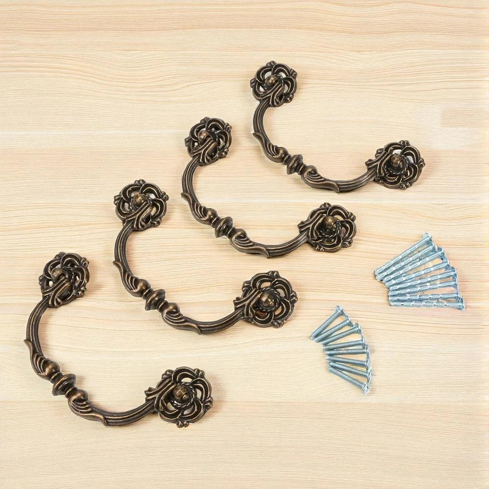 4-Pack 4.5″ C-C Antique Brass Drawer Pulls – Vintage Style Drop Bail Dresser Han